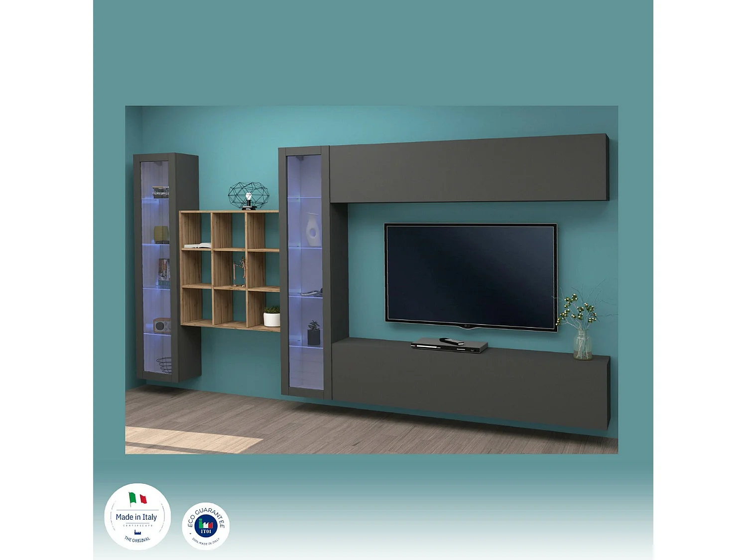 Système mural Dfancon, ensemble de salon meuble TV 4 portes, meuble de salon polyvalent avec vitrine et lumière LED, 100% Made in Italy, 350x30h180 cm, Anthracite