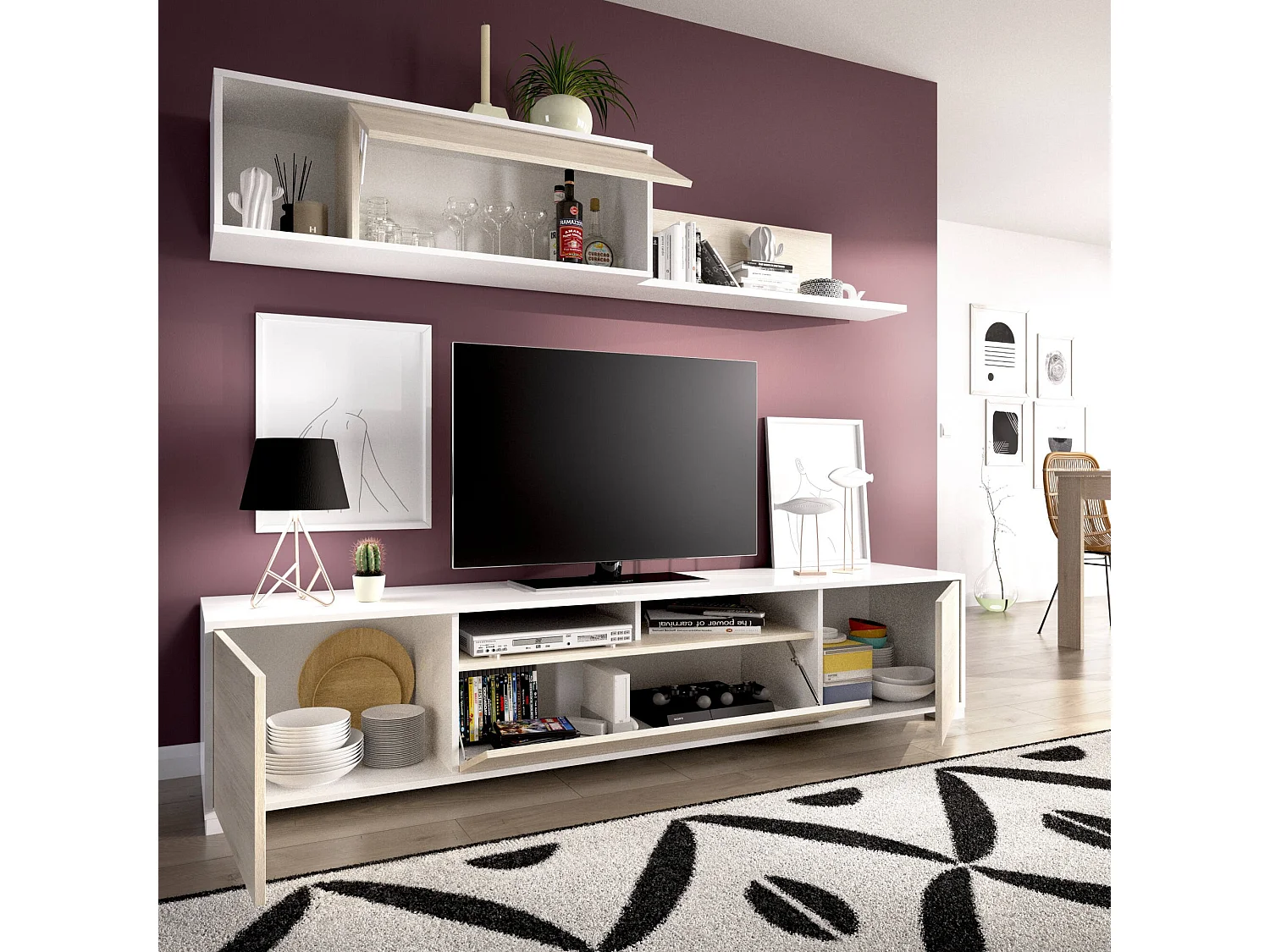 Dmora - Parete attrezzata Abbete, 200x41h180 cm, Rovere e Bianco lucido