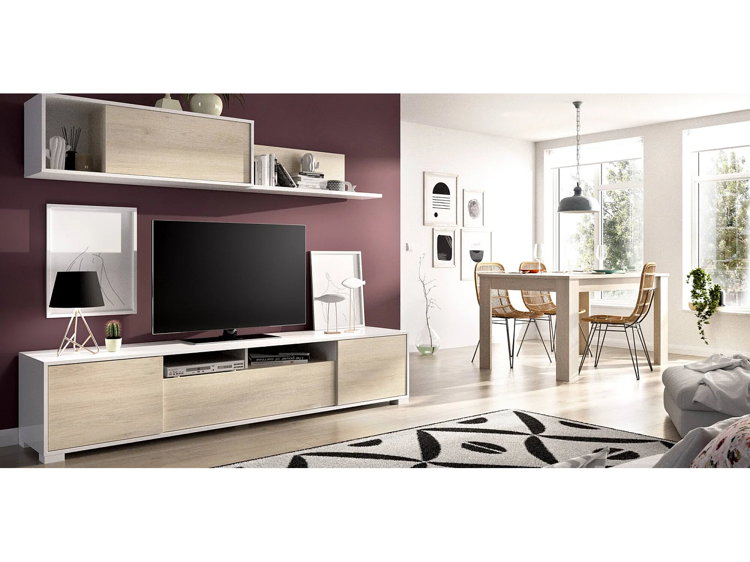 Dmora - Parete attrezzata Abbete, 200x41h180 cm, Rovere e Bianco lucido