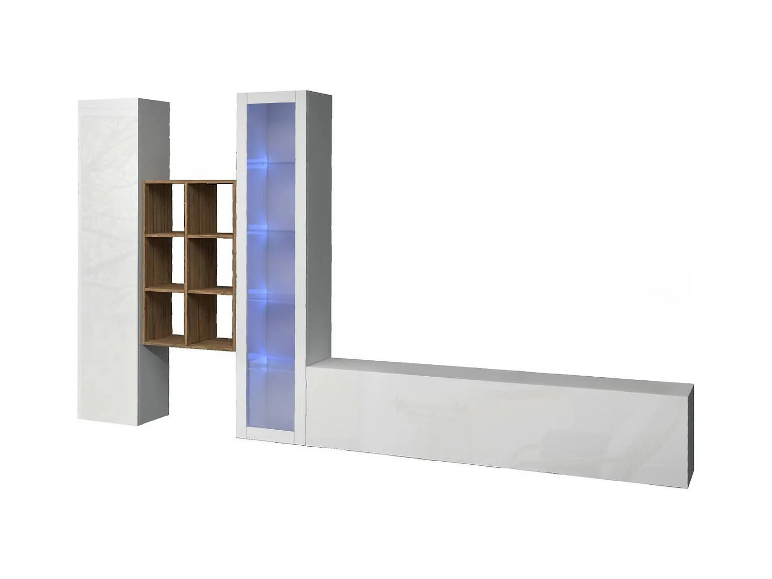 Système mural Dcragn, meuble TV 3 portes, Meuble de salon polyvalent avec vitrine et lumière LED, 100% Made in Italy, 320x30h180 cm, Blanc brillant
