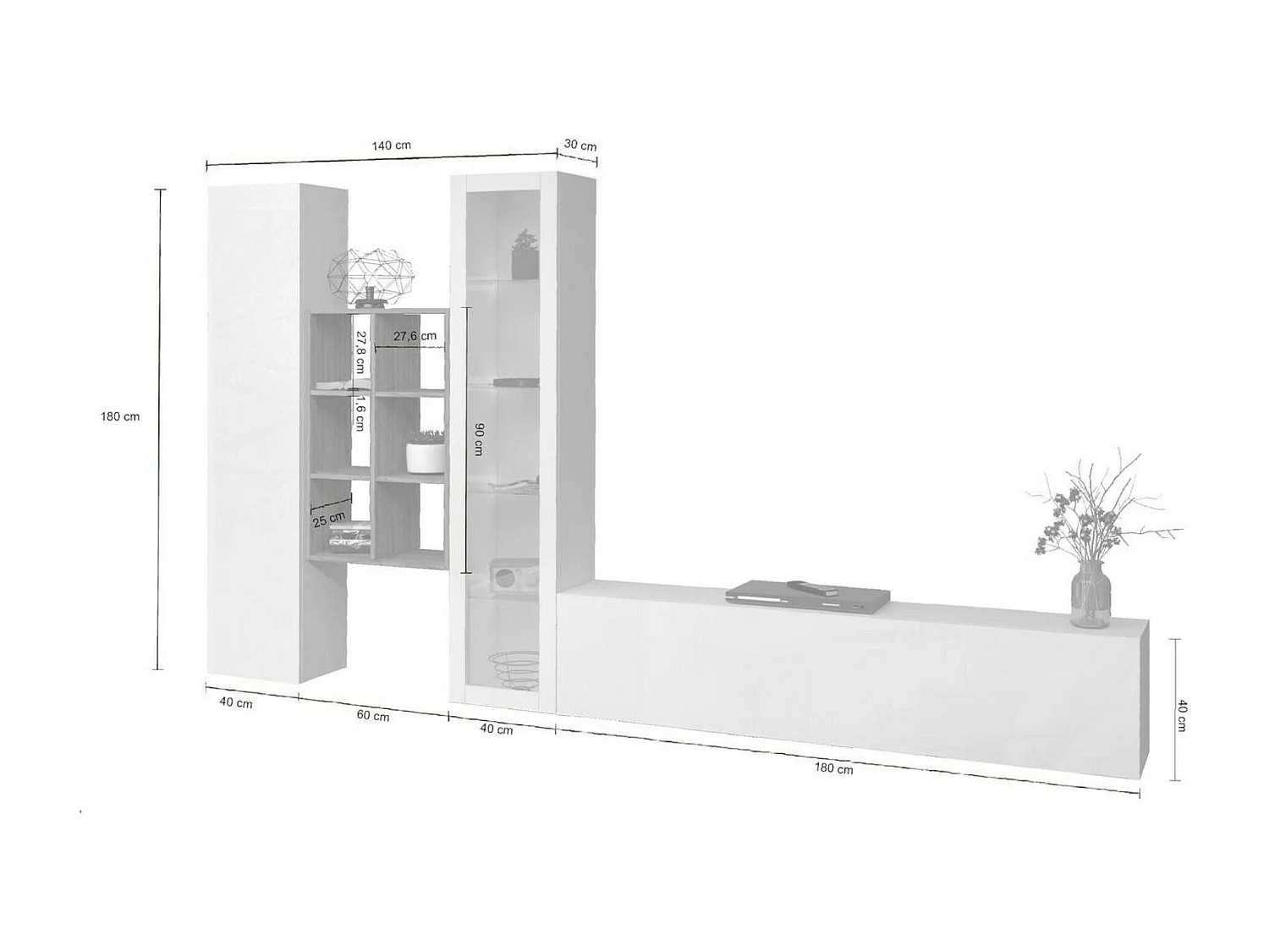 Parete Attrezzata Ausonia, 15 Ripiani Made in Italy, 30x320x180h cm Bianco Lucido