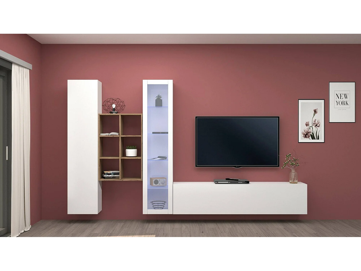 Parete Attrezzata Ausonia, 15 Ripiani Made in Italy, 30x320x180h cm Bianco Lucido