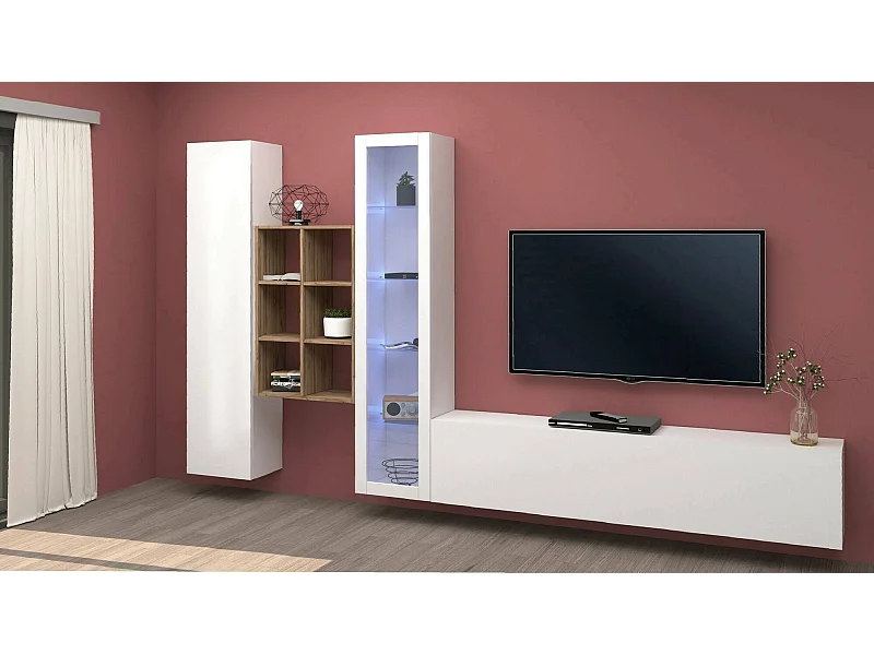 Dcragn wandmeubel, 3-deurs TV-meubel woonkamerset, Multifunctioneel woonkamermeubel met vitrine en LED-licht, 100% Made in Italy, 320x30h180 cm, Glanzend wit