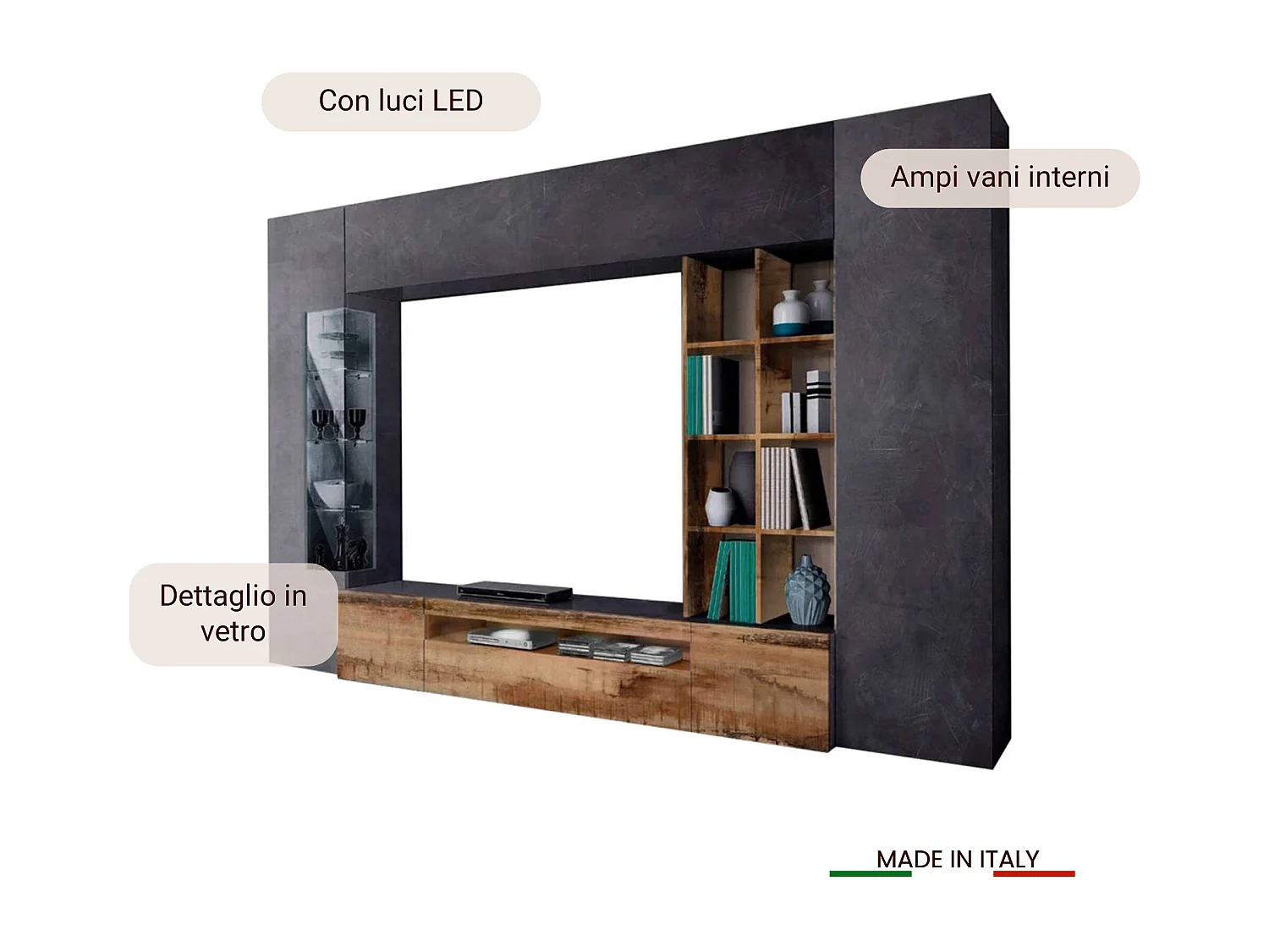 Unité murale Dlazzar, ensemble de salon meuble TV, meuble de salon polyvalent avec lumière LED, 100% Made in Italy, 290x40h192 cm, Ardoise et Érable