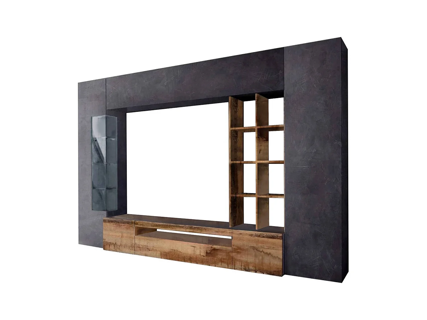 Dlazzar wandsysteem, TV-meubel woonkamerset, Multifunctioneel woonkamermeubilair met LED-licht, 100% Made in Italy, 290x40h192 cm, Leisteen en Esdoorn