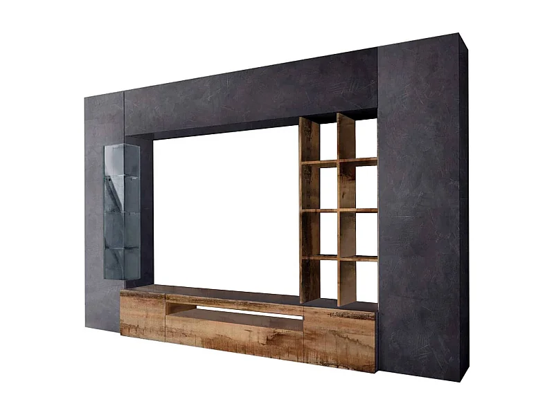 Dlazzar wandsysteem, TV-meubel woonkamerset, Multifunctioneel woonkamermeubilair met LED-licht, 100% Made in Italy, 290x40h192 cm, Leisteen en Esdoorn