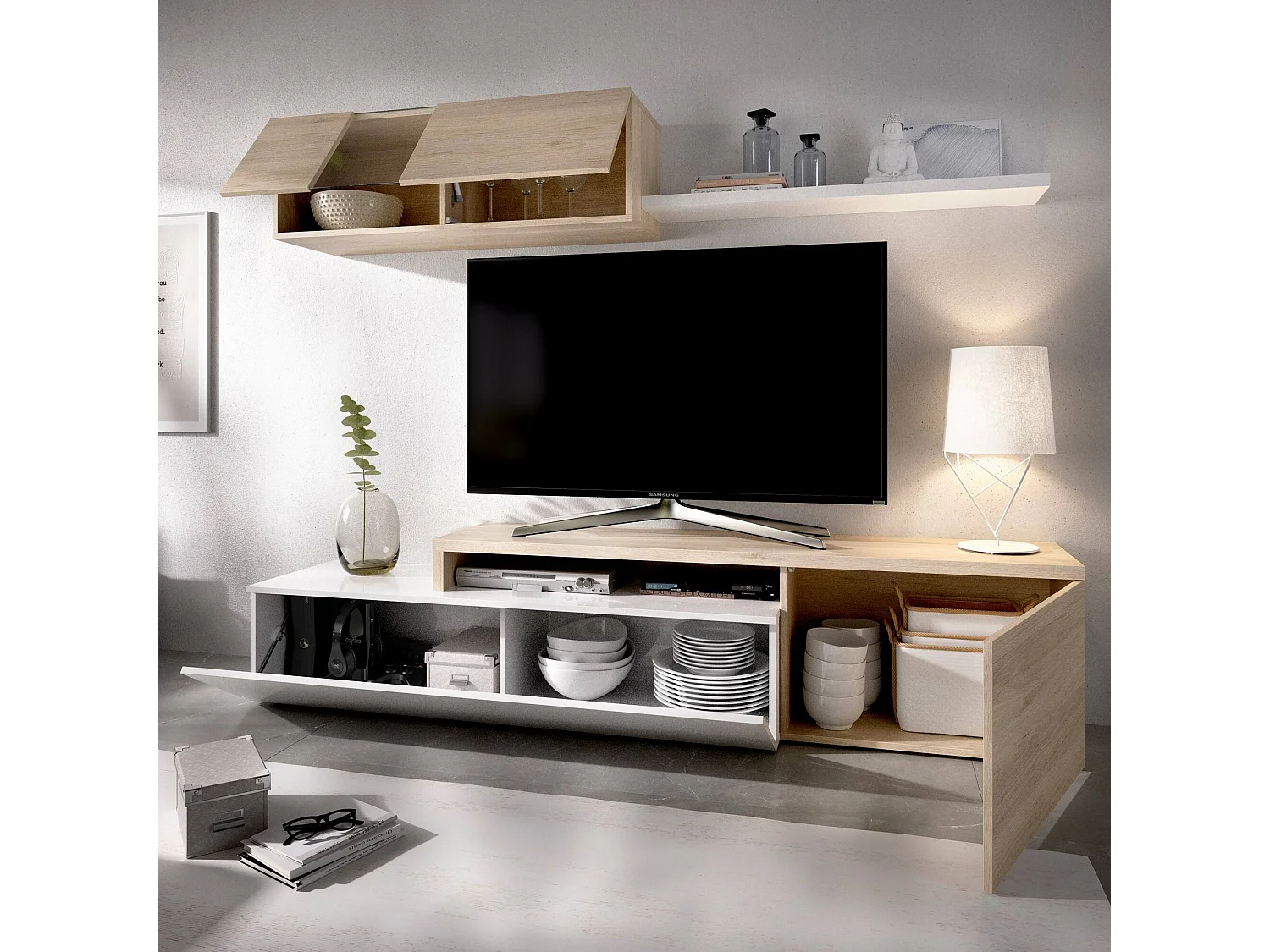 Sistema de parede Baker, conjunto modular de sala de canto, móvel de sala de TV multiposições, 201x41h180 cm, branco e carvalho