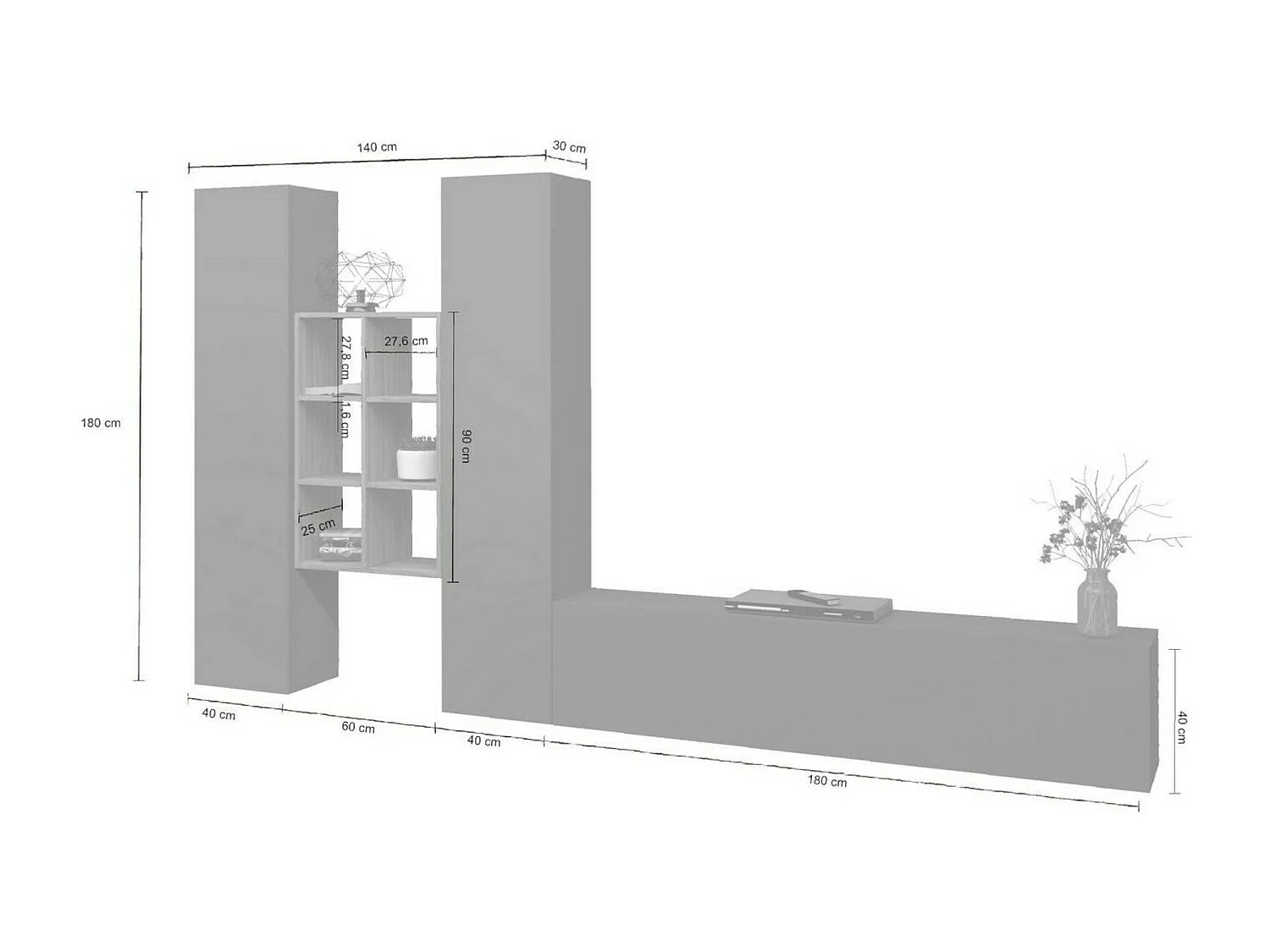 Élément mural Dcola, meuble TV 3 portes, Meuble de salon polyvalent, 100% Made in Italy, 320x30h180 cm, Anthracite et Érable