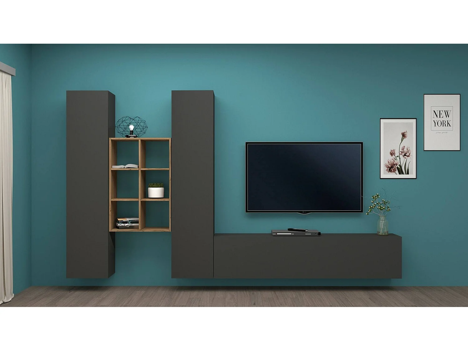 Dcola wandmeubel, 3-deurs tv-meubel woonkamerset, multifunctioneel woonkamermeubilair, 100% Made in Italy, 320x30h180 cm, antraciet en esdoorn