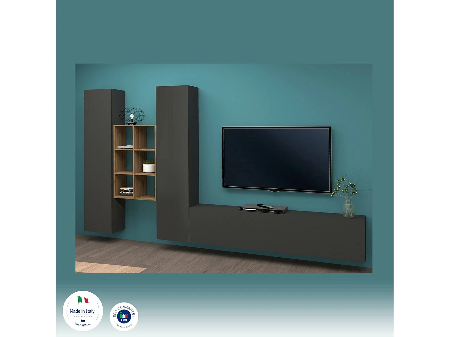 Móvel de parede Dcola, conjunto de sala de TV com 3 portas, móveis de sala multiuso, 100% Fabricado na Itália, 320x30h180 cm, Antracite e Bordo