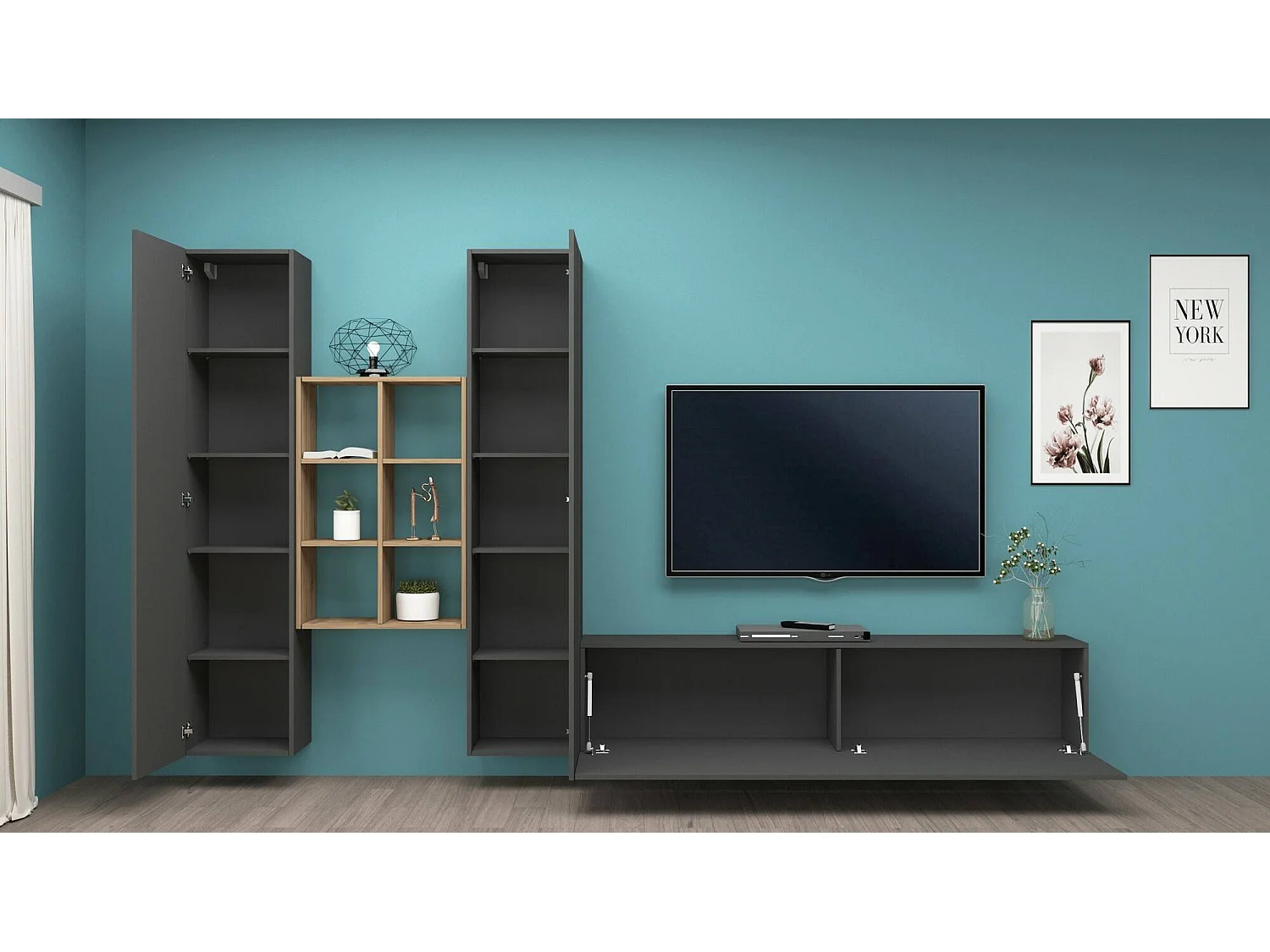 Pared Equipada Dcola, Conjunto de salón Mueble de TV con 3 puertas, Mueble de salón polivalente, 100% Made in Italy, cm 320x30h180, Antracita y Arce