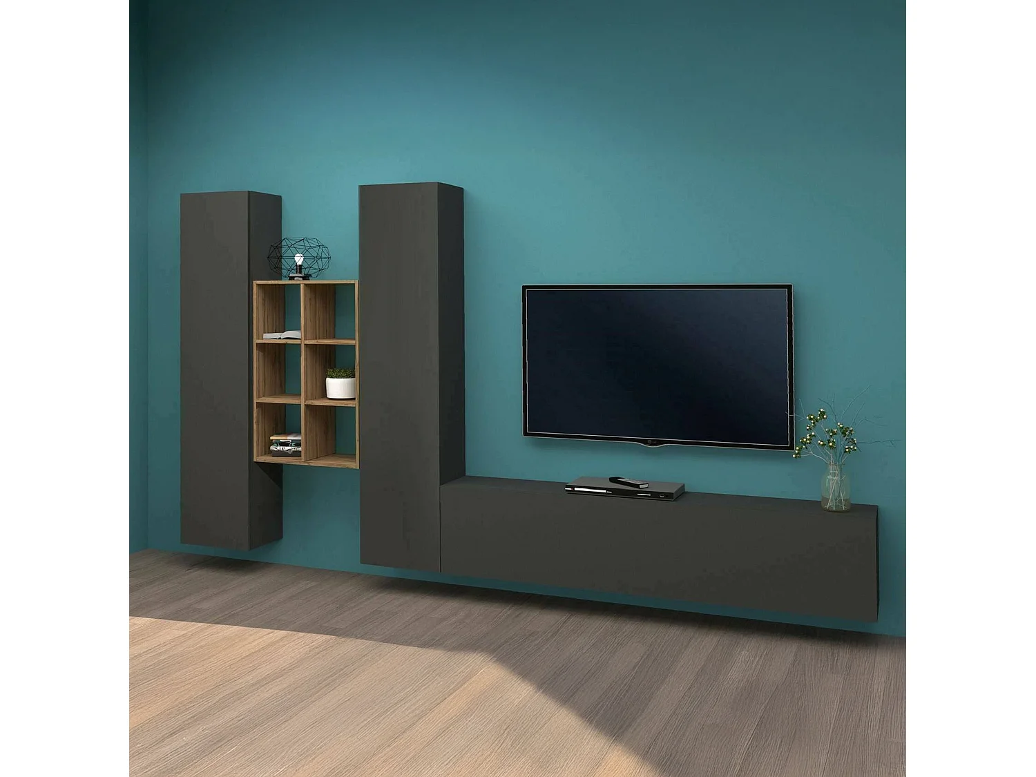 Élément mural Dcola, meuble TV 3 portes, Meuble de salon polyvalent, 100% Made in Italy, 320x30h180 cm, Anthracite et Érable