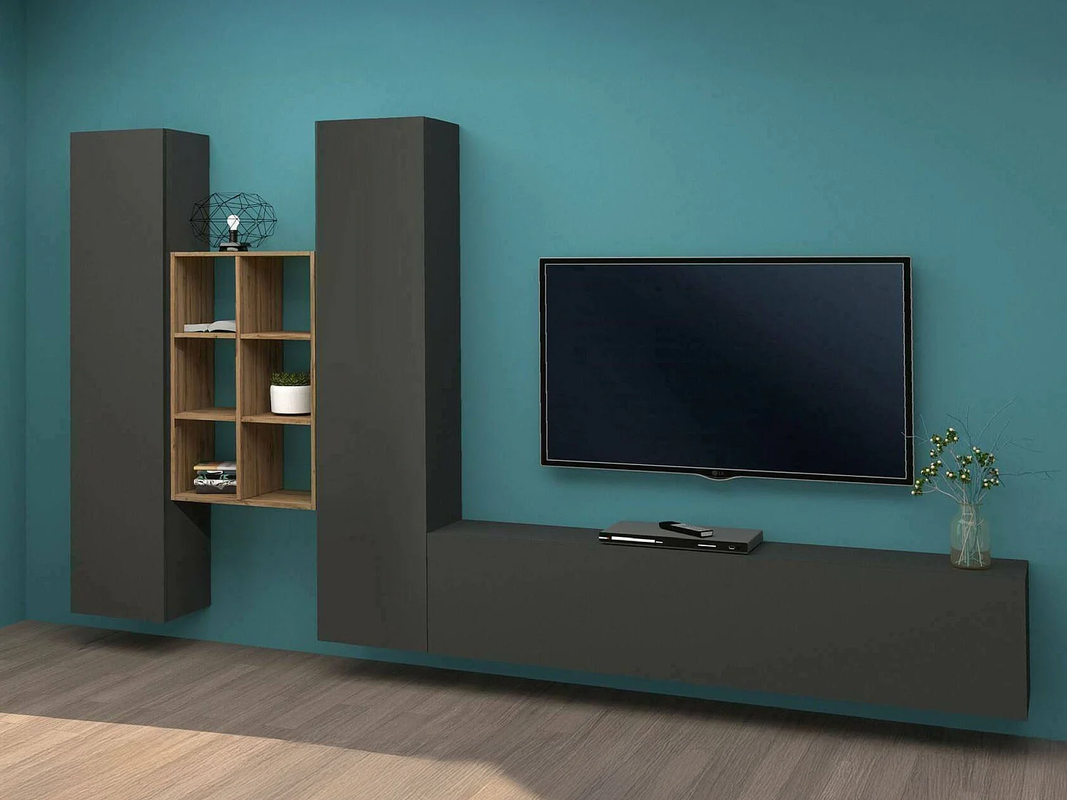 Élément mural Dcola, meuble TV 3 portes, Meuble de salon polyvalent, 100% Made in Italy, 320x30h180 cm, Anthracite et Érable