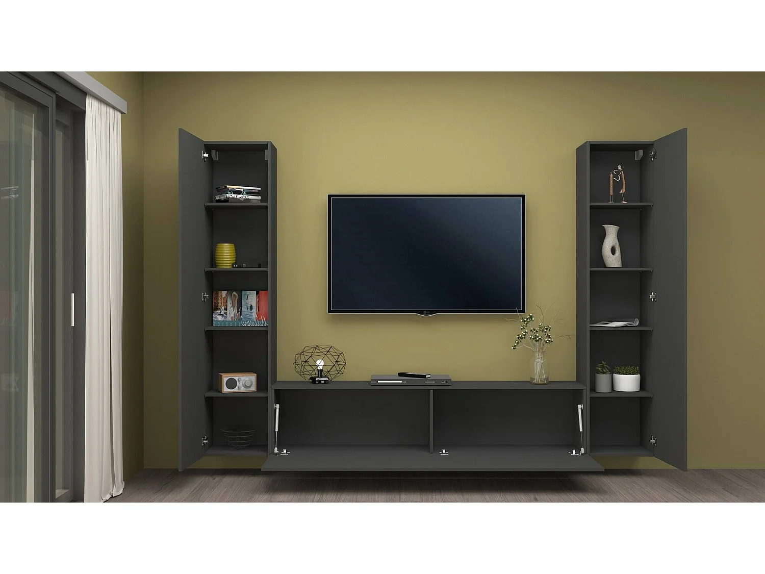 Système mural Ddurmis, ensemble de salon meuble TV 3 portes, meuble de salon polyvalent, 100% Made in Italy, 260x30h180 cm, Anthracite