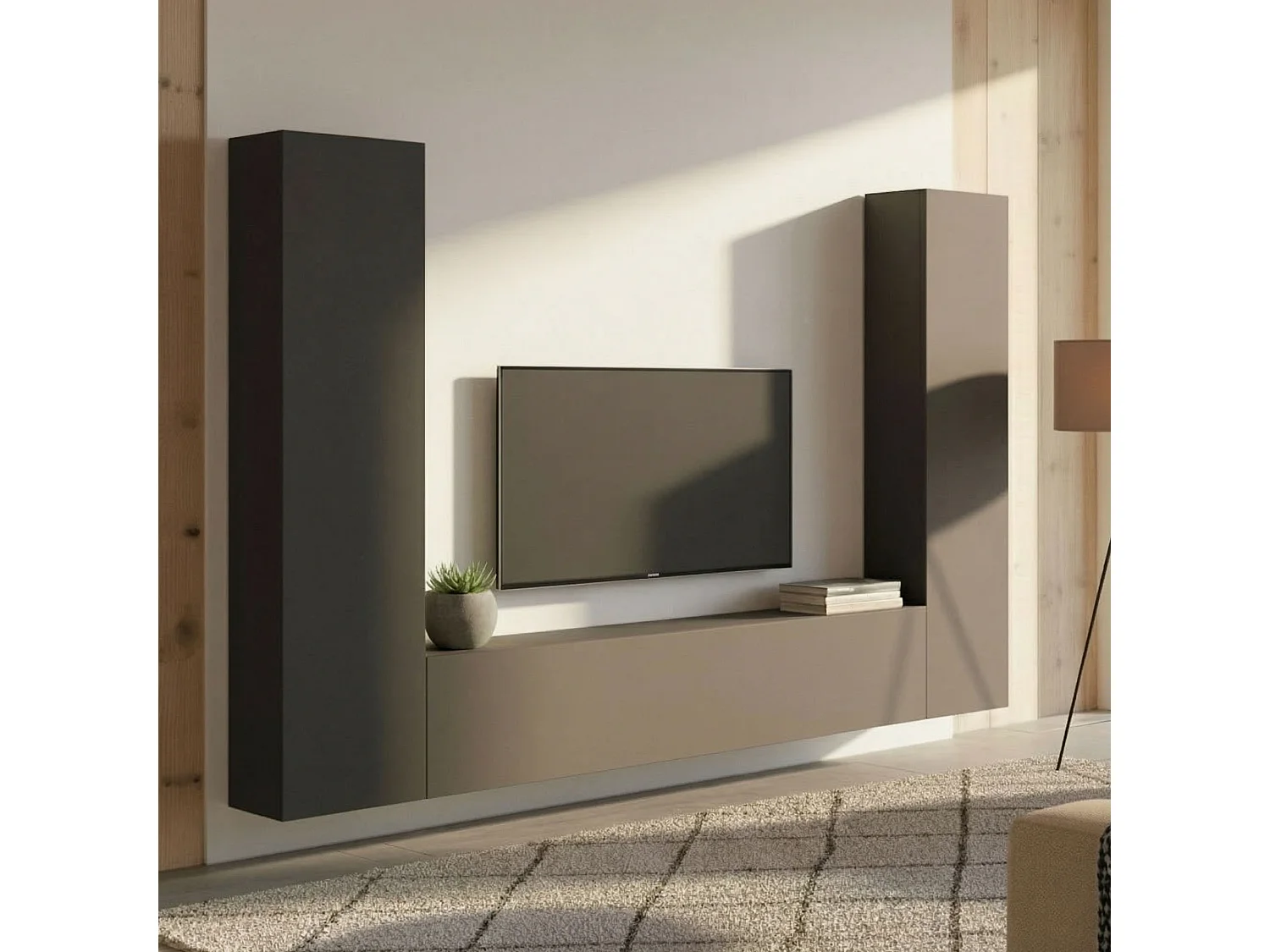 Système mural Ddurmis, ensemble de salon meuble TV 3 portes, meuble de salon polyvalent, 100% Made in Italy, 260x30h180 cm, Anthracite
