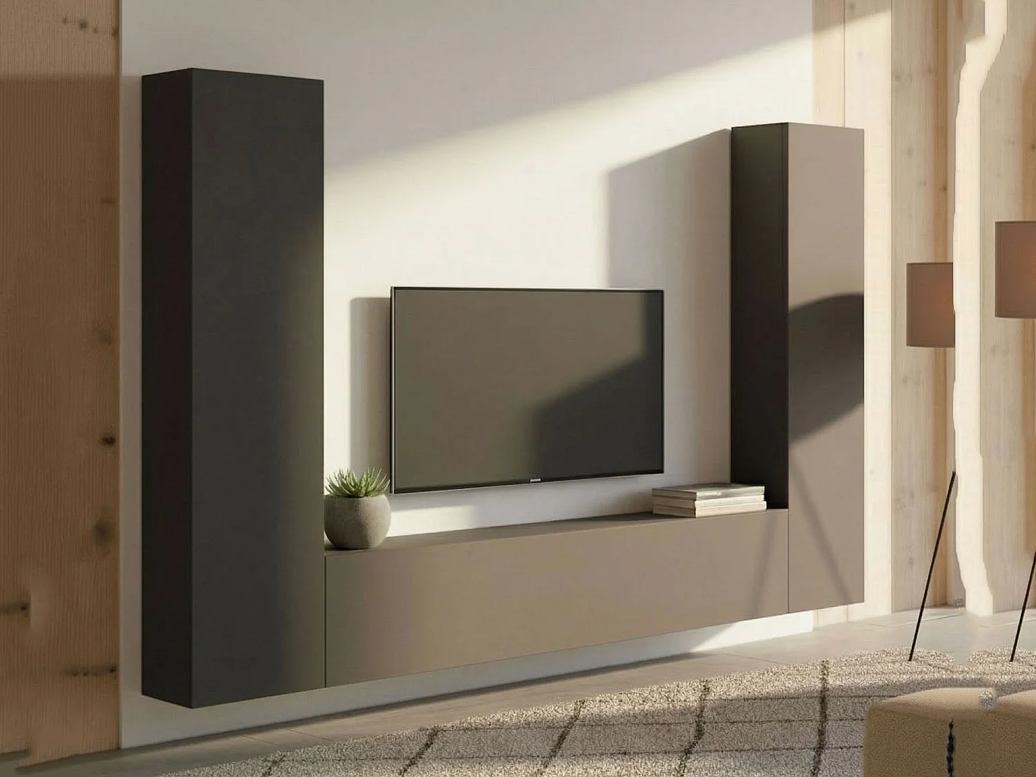 Système mural Ddurmis, ensemble de salon meuble TV 3 portes, meuble de salon polyvalent, 100% Made in Italy, 260x30h180 cm, Anthracite