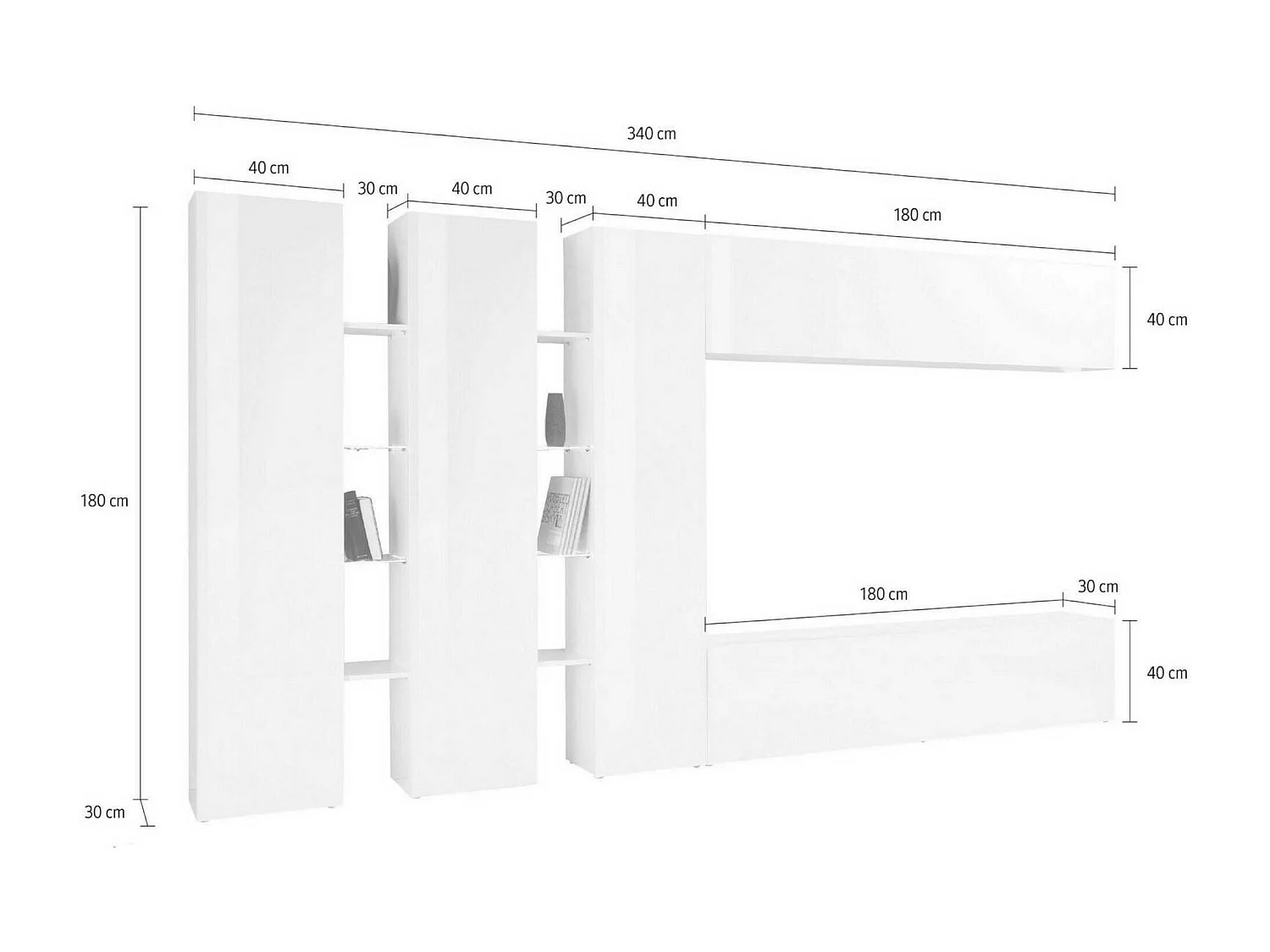 Élément mural Dattard, ensemble de salon meuble TV 5 portes, meuble de salon polyvalent, 100% Made in Italy, 340x30h180 cm, Blanc brillant