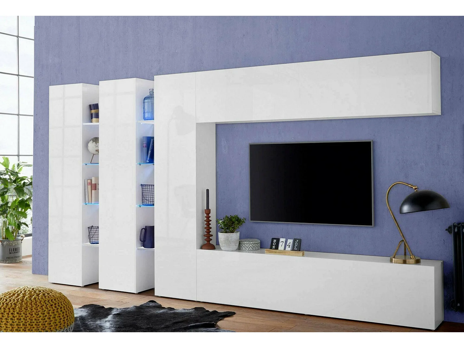 Élément mural Dattard, ensemble de salon meuble TV 5 portes, meuble de salon polyvalent, 100% Made in Italy, 340x30h180 cm, Blanc brillant