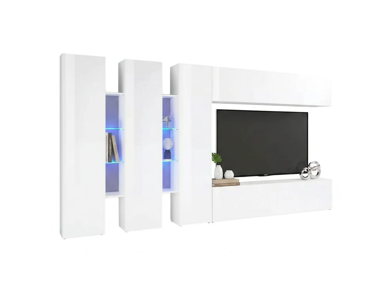 Élément mural Dattard, ensemble de salon meuble TV 5 portes, meuble de salon polyvalent, 100% Made in Italy, 340x30h180 cm, Blanc brillant