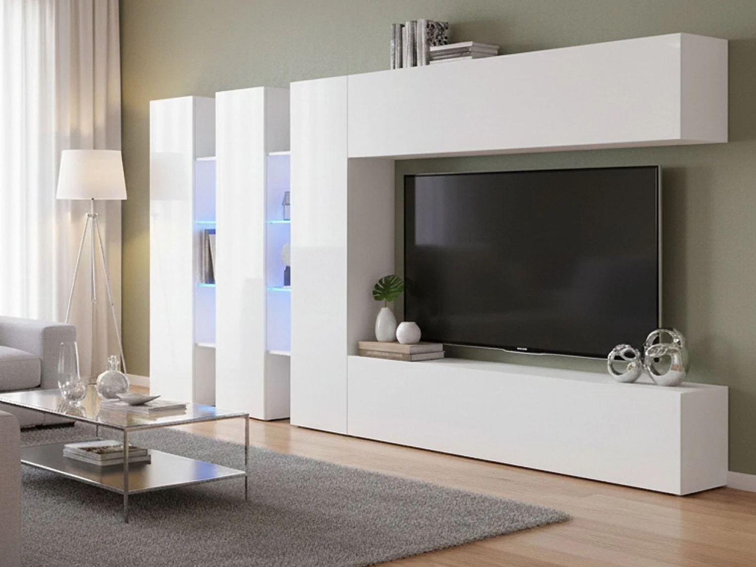 Sistema de parede Dattard, conjunto de sala de TV com 5 portas, móveis de sala multiuso, 100% Fabricado na Itália, 340x30h180 cm, Branco brilhante