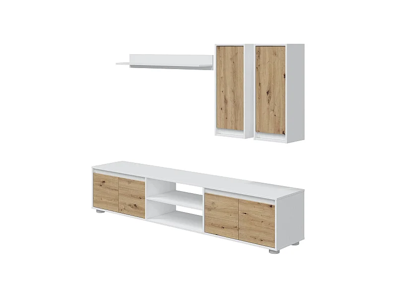 Système mural Wells, Ensemble de salon, Meubles de salon polyvalents, Composition pour salon moderne, 200x40h114 cm, Blanc et Chêne