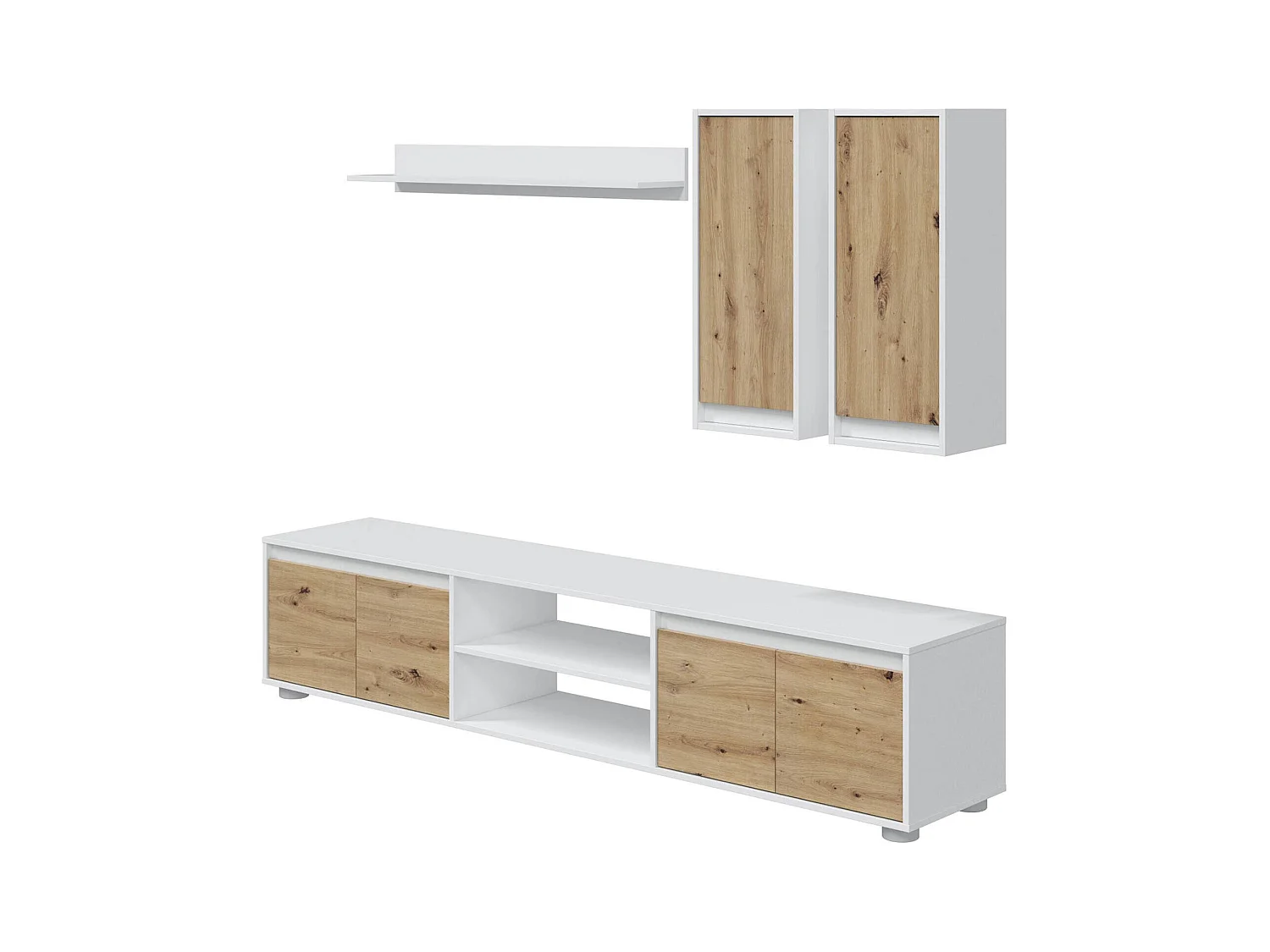 Système mural Wells, Ensemble de salon, Meubles de salon polyvalents, Composition pour salon moderne, 200x40h114 cm, Blanc et Chêne