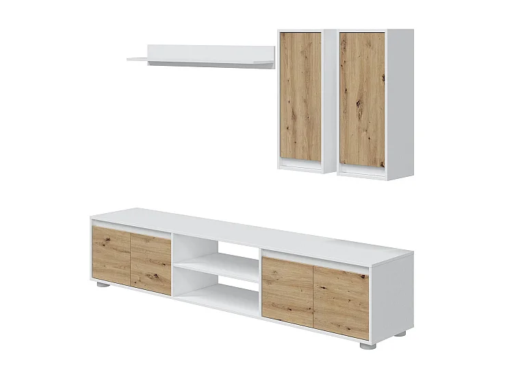 Wohnwand Wells, Wohnzimmerset, Mehrzweck-Wohnzimmermöbel, Komposition für modernes Wohnzimmer, 200x40h114 cm, WeiÃŸ und Eiche