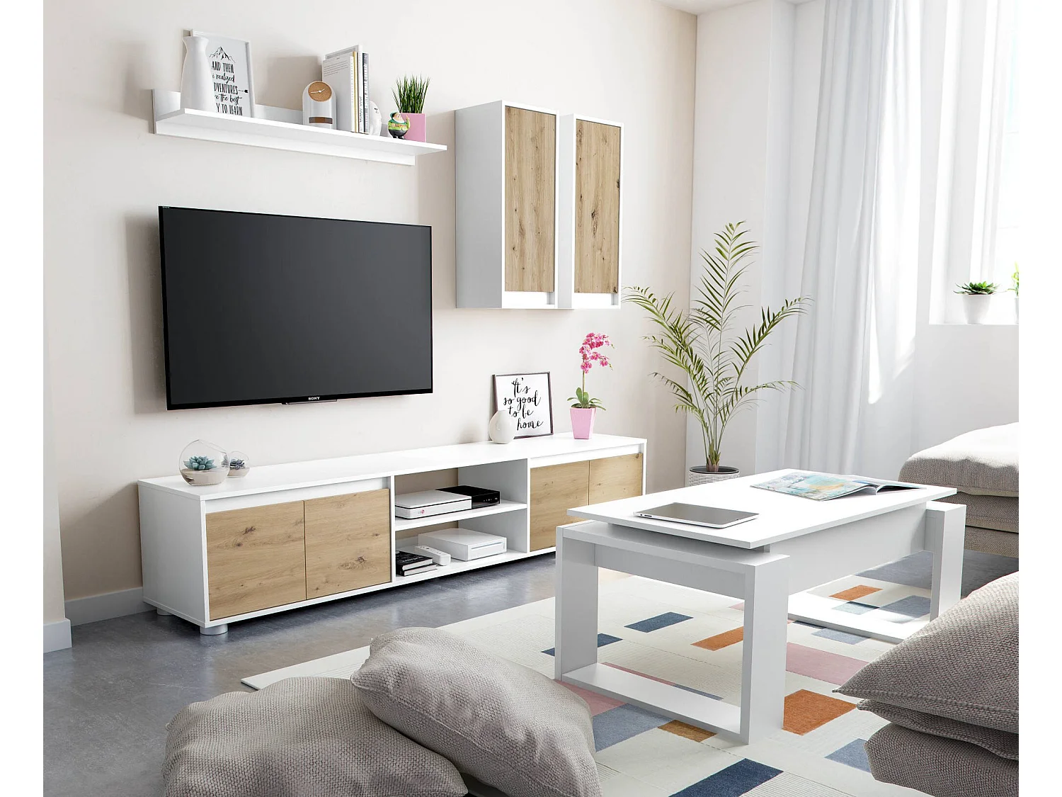 Wohnwand Wells, Wohnzimmerset, Mehrzweck-Wohnzimmermöbel, Komposition für modernes Wohnzimmer, 200x40h114 cm, WeiÃŸ und Eiche