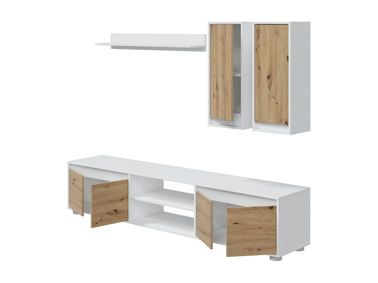 Wohnwand Wells, Wohnzimmerset, Mehrzweck-Wohnzimmermöbel, Komposition für modernes Wohnzimmer, 200x40h114 cm, WeiÃŸ und Eiche