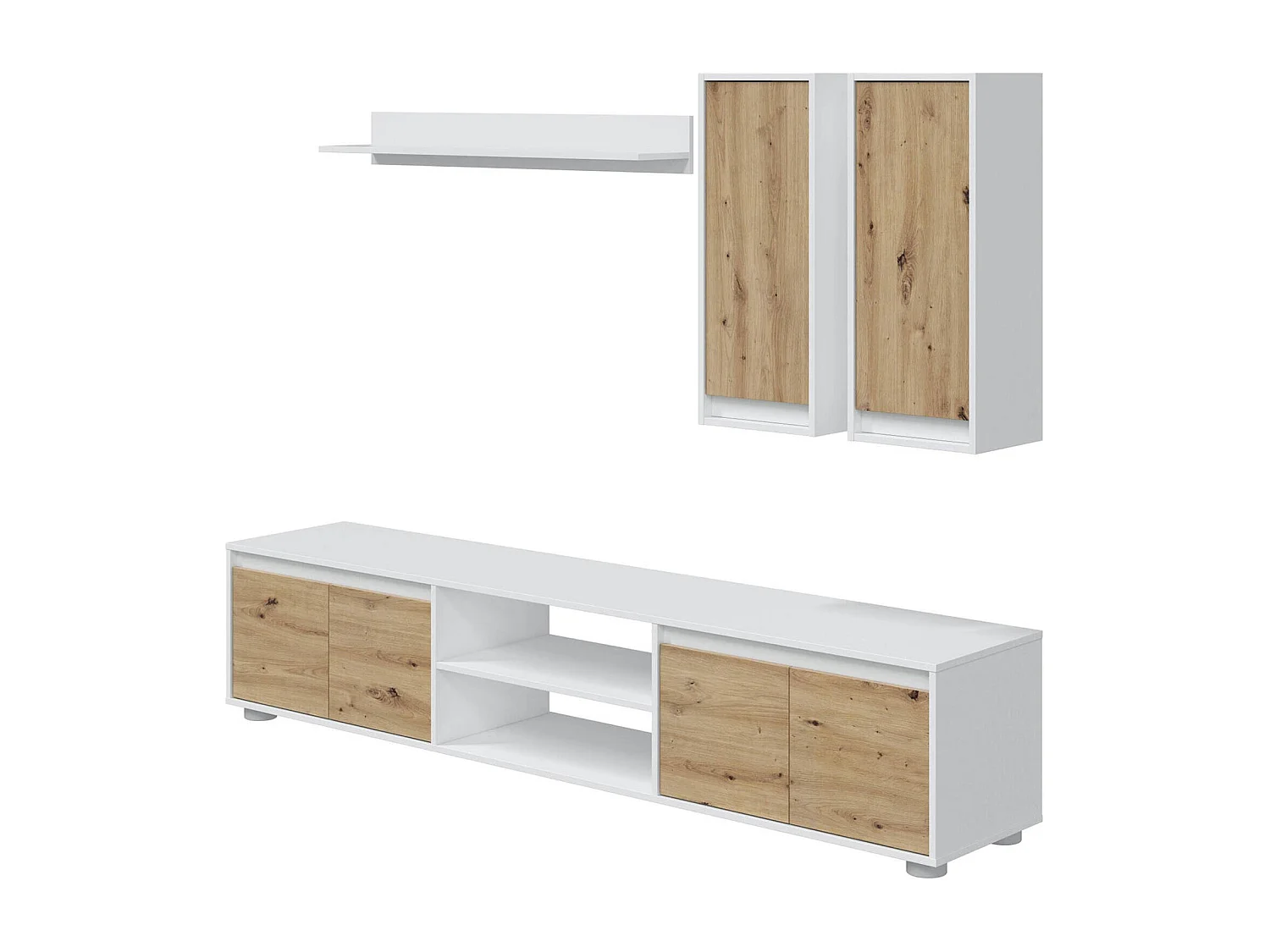Sistema de parede Wells, Conjunto de sala, Móveis de sala multiuso, Composição para sala moderna, 200x40h114 cm, Branco e Carvalho