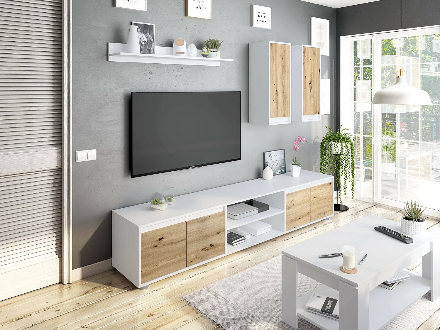 Sistema de parede Wells, Conjunto de sala, Móveis de sala multiuso, Composição para sala moderna, 200x40h114 cm, Branco e Carvalho