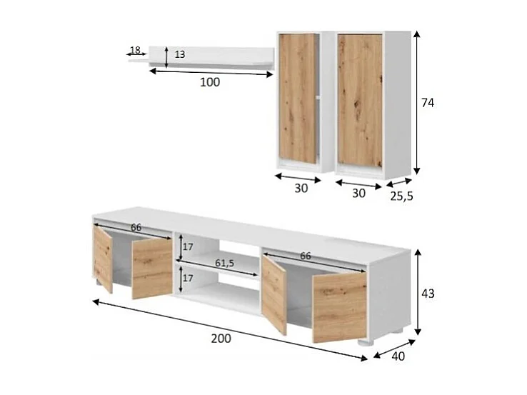 Sistema de parede Wells, Conjunto de sala, Móveis de sala multiuso, Composição para sala moderna, 200x40h114 cm, Branco e Carvalho