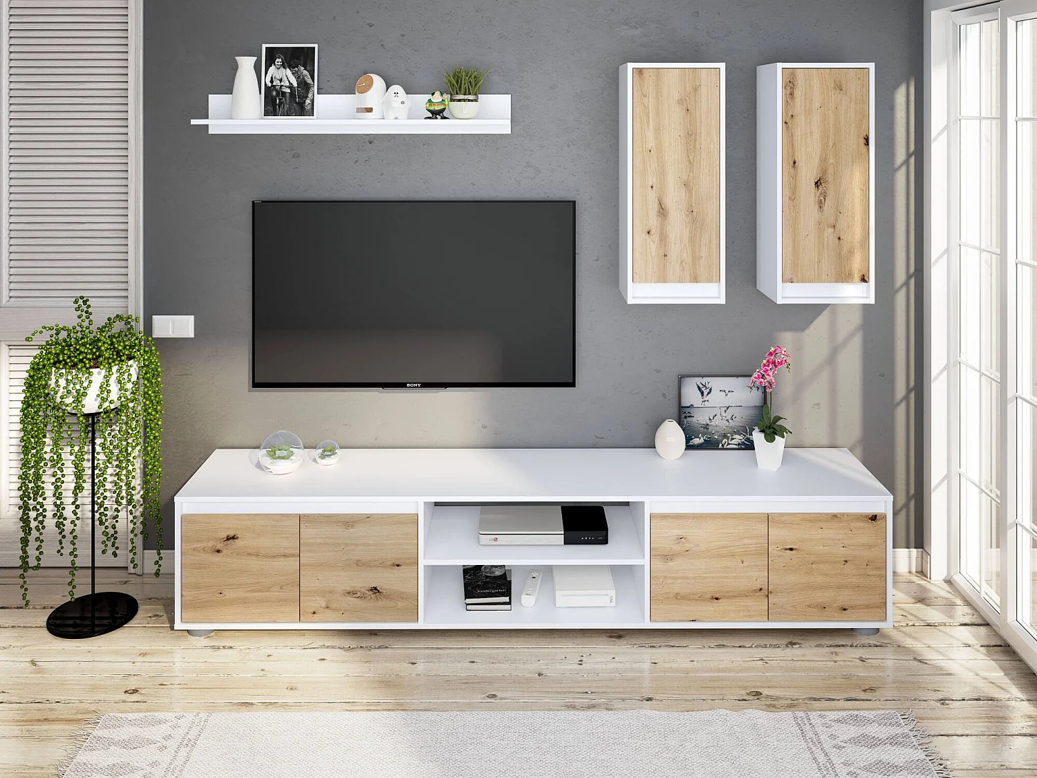 Sistema de parede Wells, Conjunto de sala, Móveis de sala multiuso, Composição para sala moderna, 200x40h114 cm, Branco e Carvalho