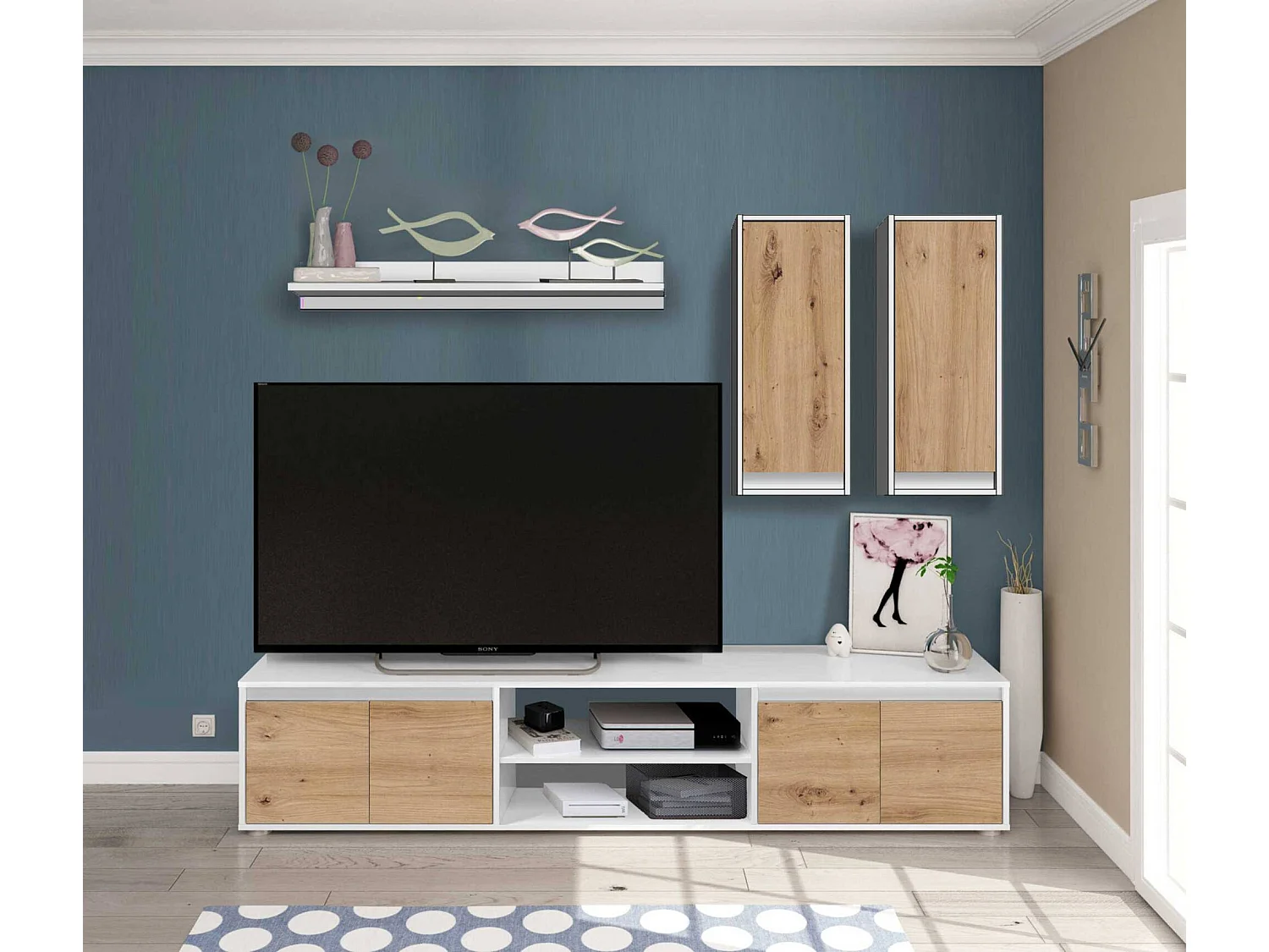 Sistema de parede Wells, Conjunto de sala, Móveis de sala multiuso, Composição para sala moderna, 200x40h114 cm, Branco e Carvalho