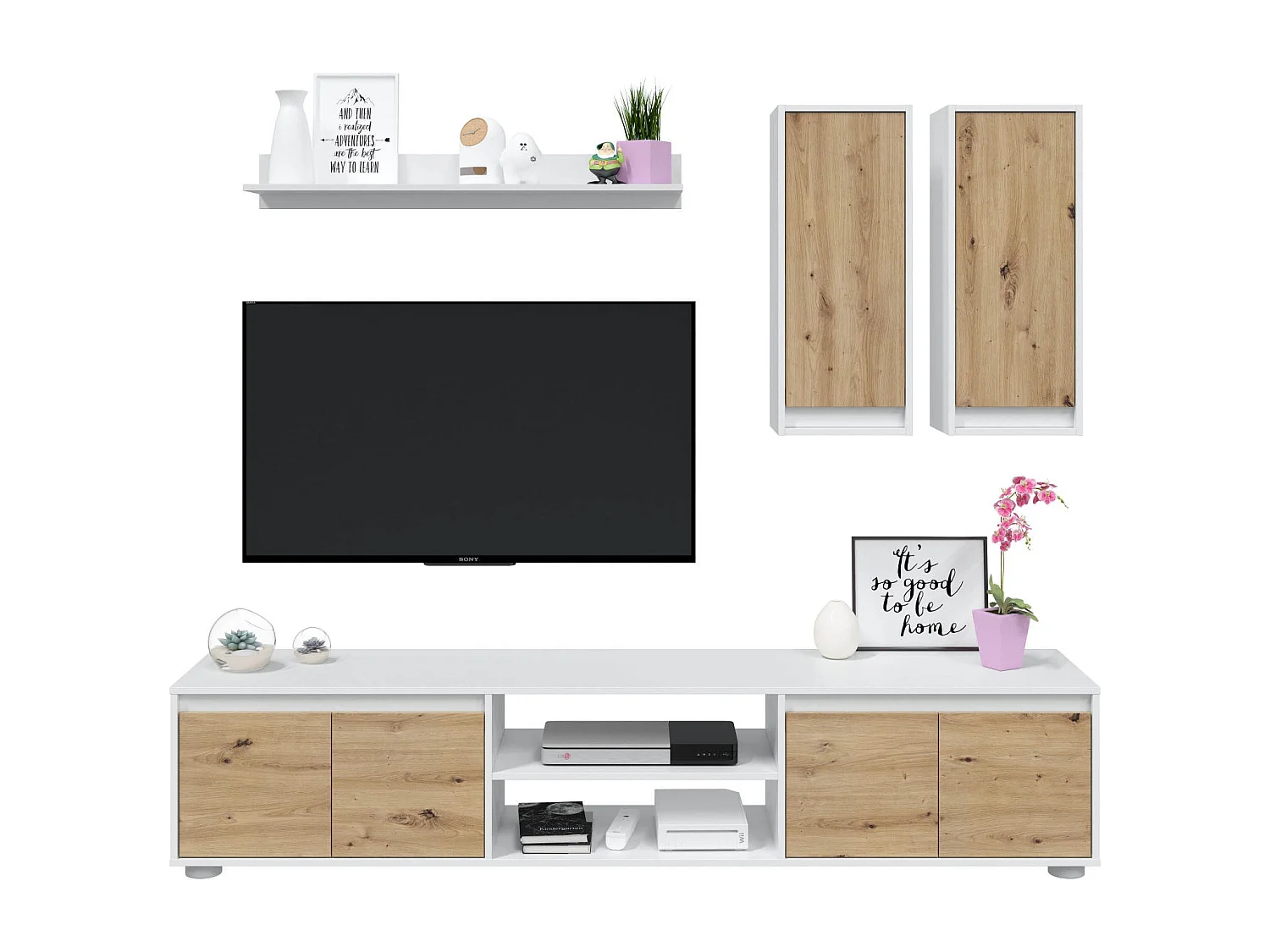 Sistema de parede Wells, Conjunto de sala, Móveis de sala multiuso, Composição para sala moderna, 200x40h114 cm, Branco e Carvalho