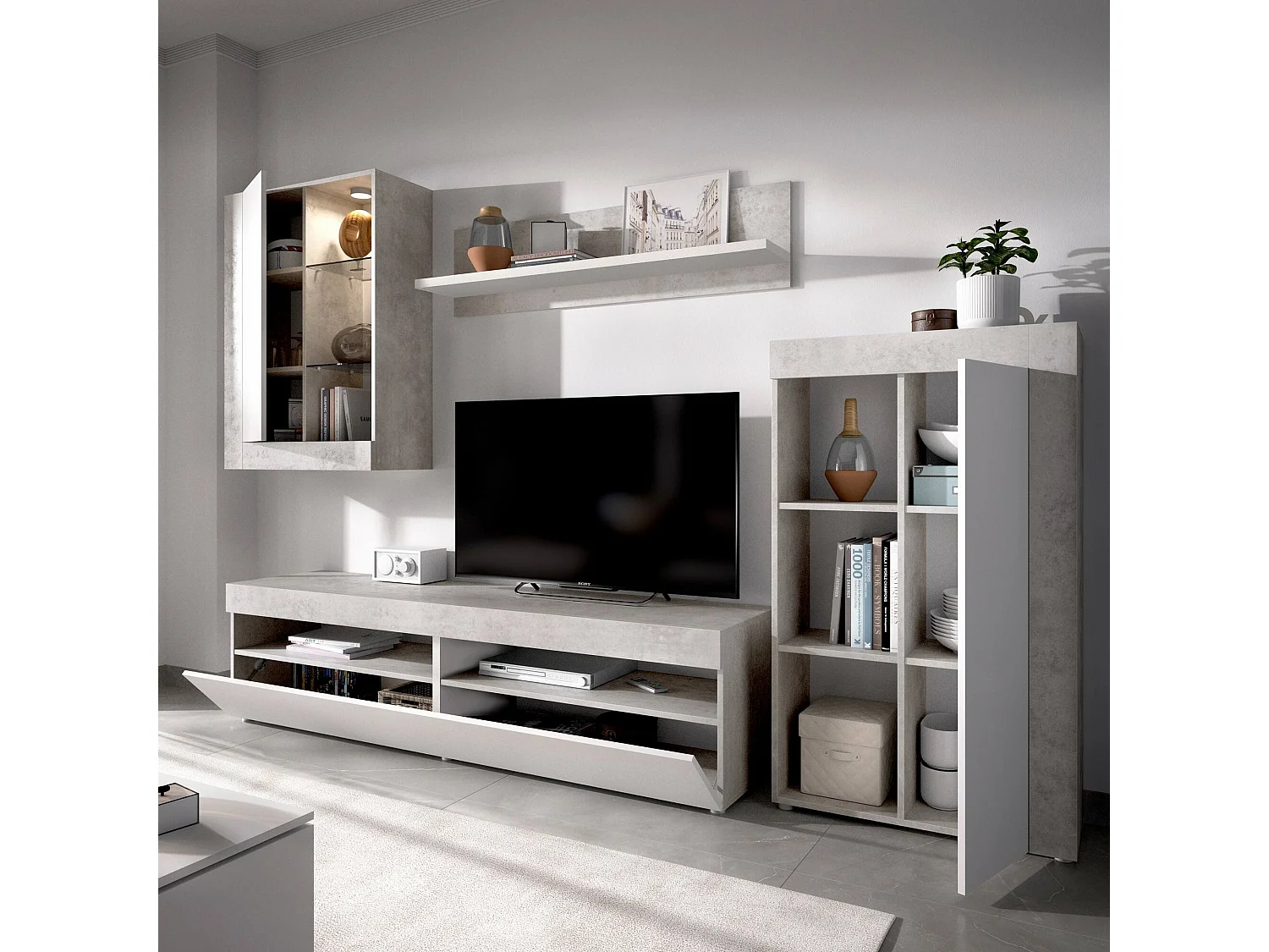 Mueble alto Beverin, Conjunto de salón Modular, Mueble salón multiposición, 265x42h180 cm, Blanco y Cemento