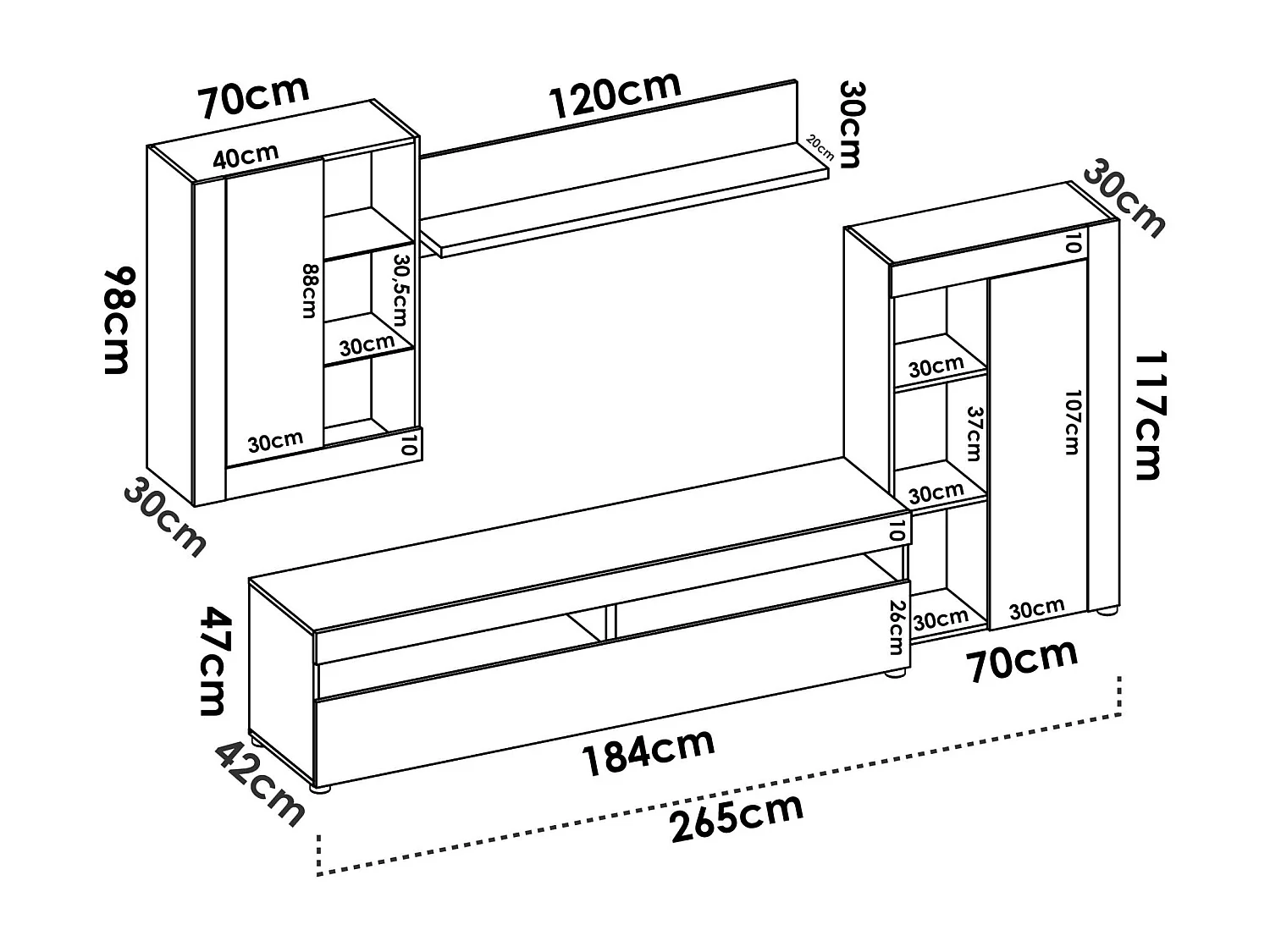 Wohnwand Beverin, Modulares Wohnzimmerset, Multipositions-Wohnzimmermöbel, 265x42h180 cm, WeiÃŸ und Zement
