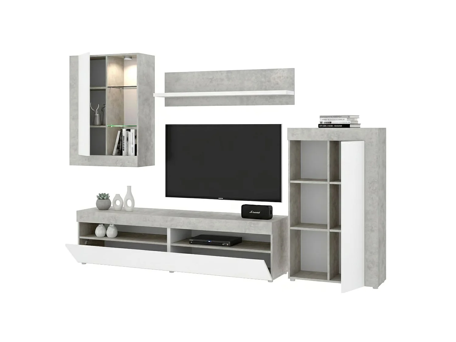 Dmora Parete Attrezzata Beverin 42x265x180h cm Bianco 12 Ripiani Modulabile, Apertura Battente e a Ribalta