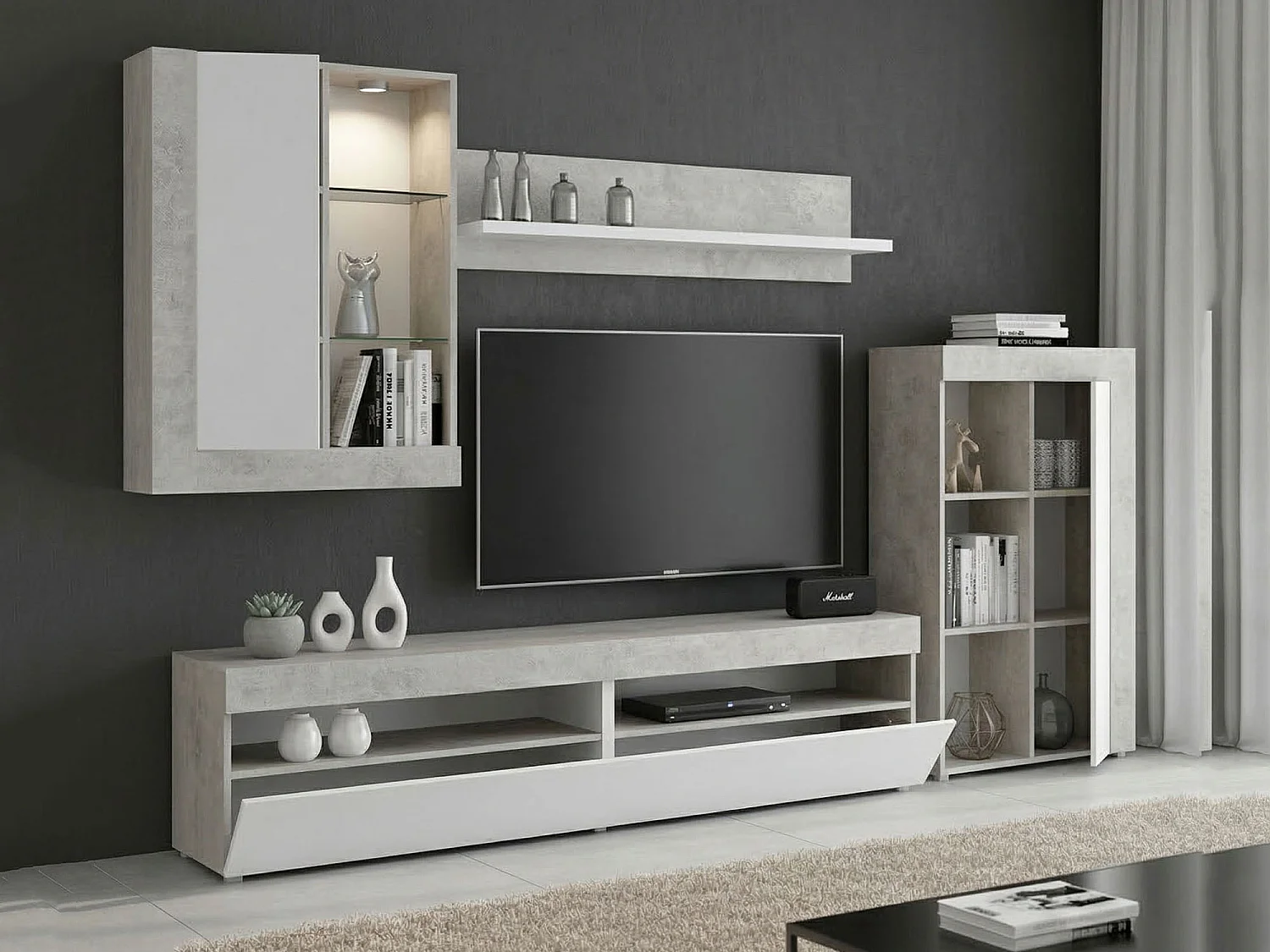 Dmora Parete Attrezzata Beverin 42x265x180h cm Bianco 12 Ripiani Modulabile, Apertura Battente e a Ribalta