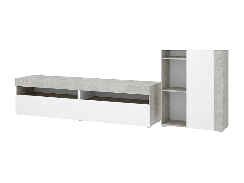 Mueble alto Beverin, Conjunto de salón Modular, Mueble salón multiposición, 265x42h180 cm, Blanco y Cemento
