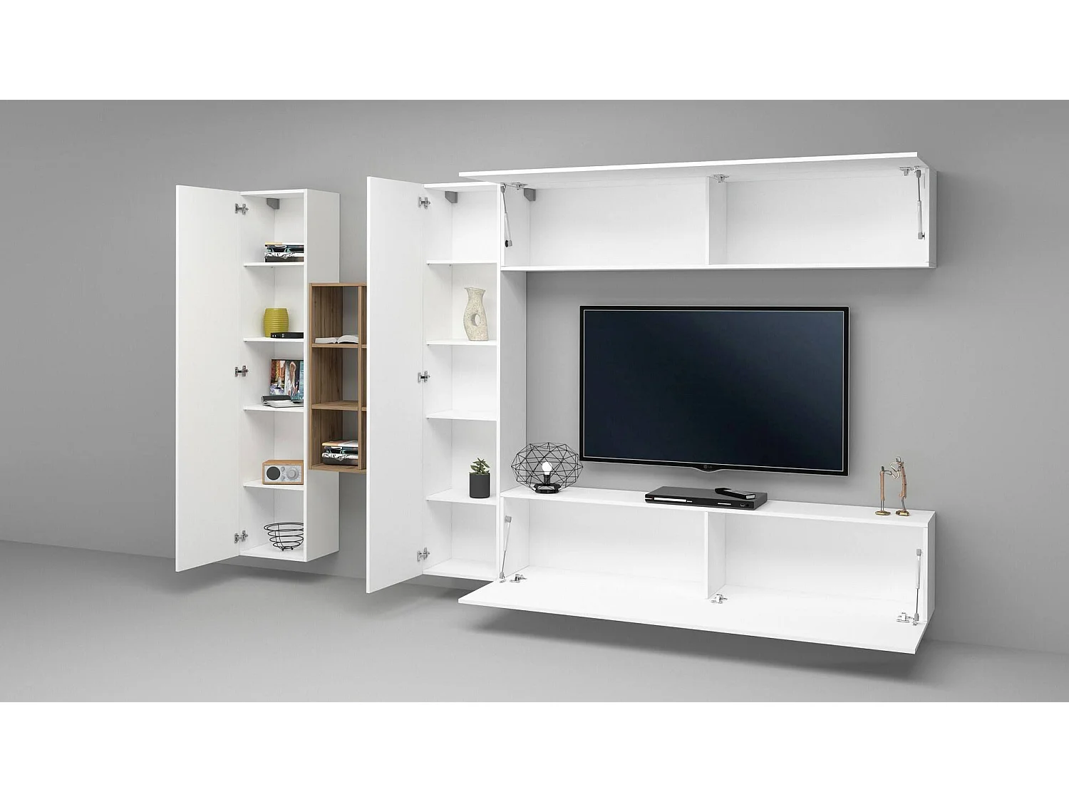 Élément mural Dcaldar, meuble TV 4 portes, Meuble de salon polyvalent, 100% Made in Italy, 280x30h180 cm, Blanc brillant et érable