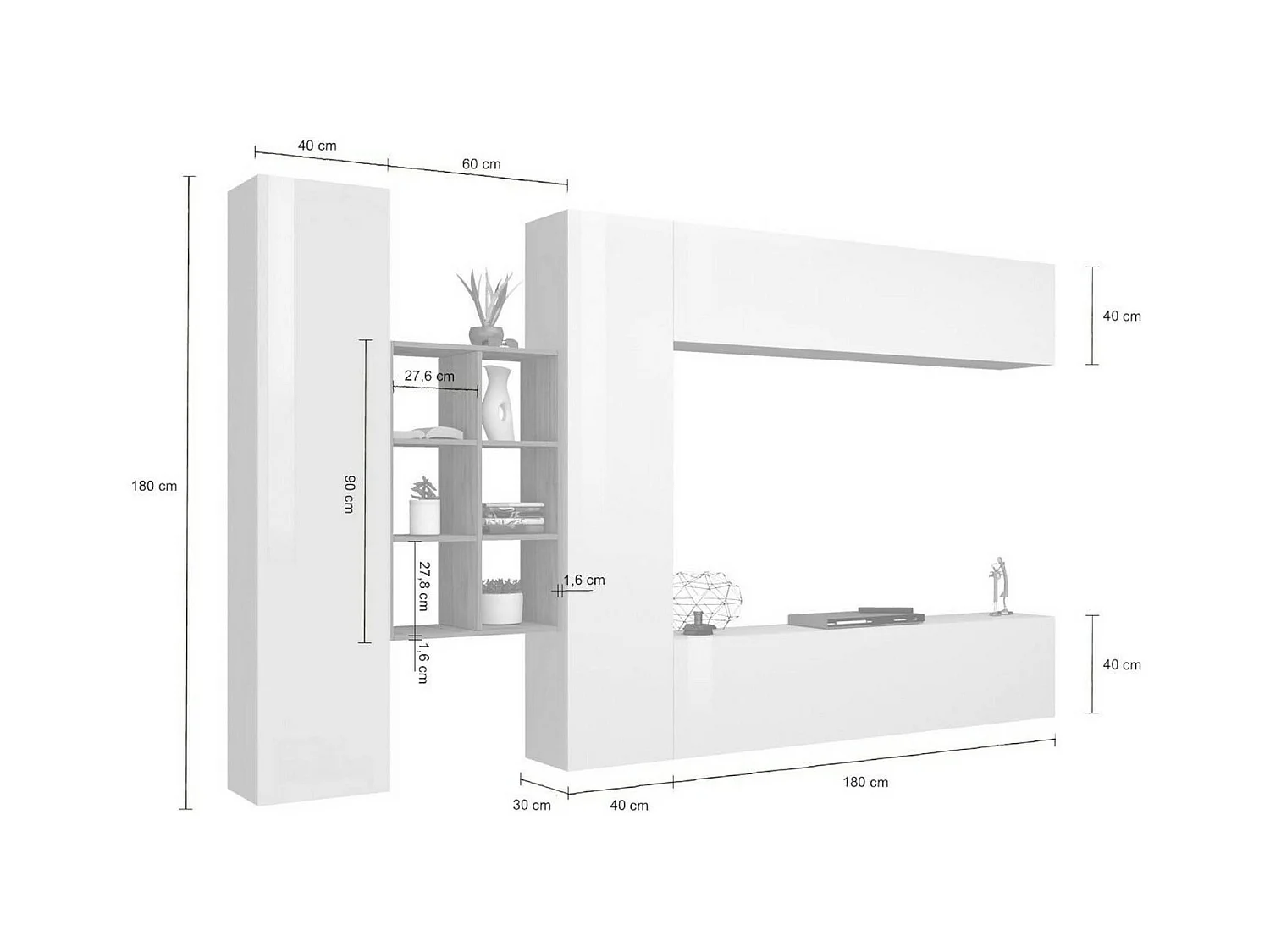 Élément mural Dcaldar, meuble TV 4 portes, Meuble de salon polyvalent, 100% Made in Italy, 280x30h180 cm, Blanc brillant et érable