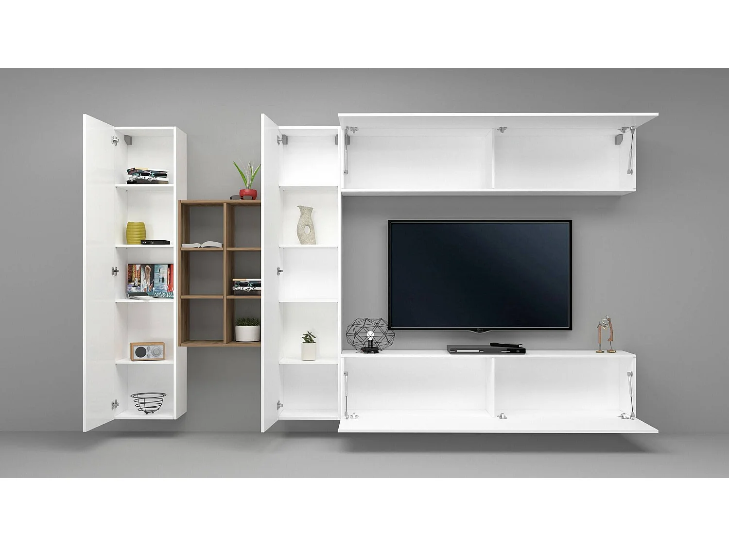 Pared Equipada Dcaldar, Conjunto de salón Mueble TV con 4 puertas, Mueble de salón polivalente, 100% Made in Italy, cm 280x30h180, Blanco brillo y Arce