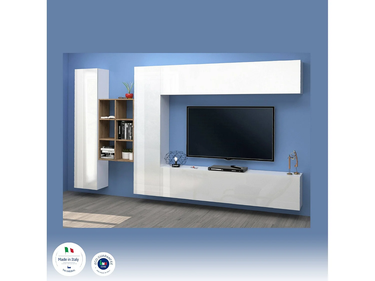 Dcaldar wandsysteem, 4-deurs TV-meubel woonkamerset, Multifunctioneel woonkamermeubilair, 100% Made in Italy, 280x30h180 cm, Glanzend wit en esdoorn