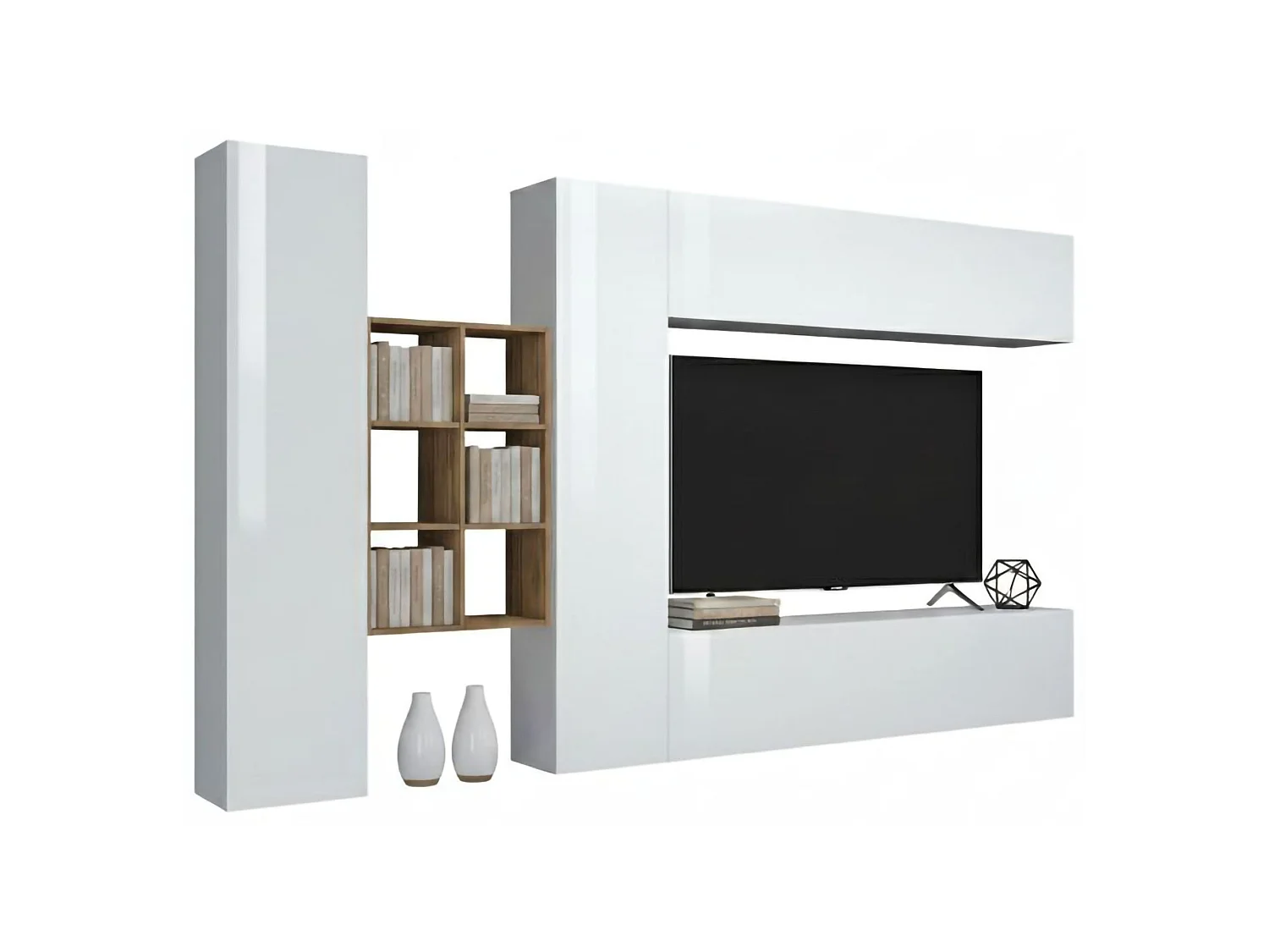 Élément mural Dcaldar, meuble TV 4 portes, Meuble de salon polyvalent, 100% Made in Italy, 280x30h180 cm, Blanc brillant et érable