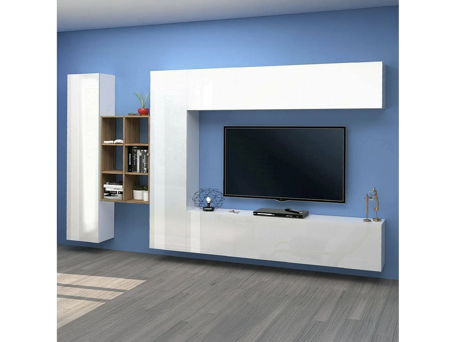 Élément mural Dcaldar, meuble TV 4 portes, Meuble de salon polyvalent, 100% Made in Italy, 280x30h180 cm, Blanc brillant et érable