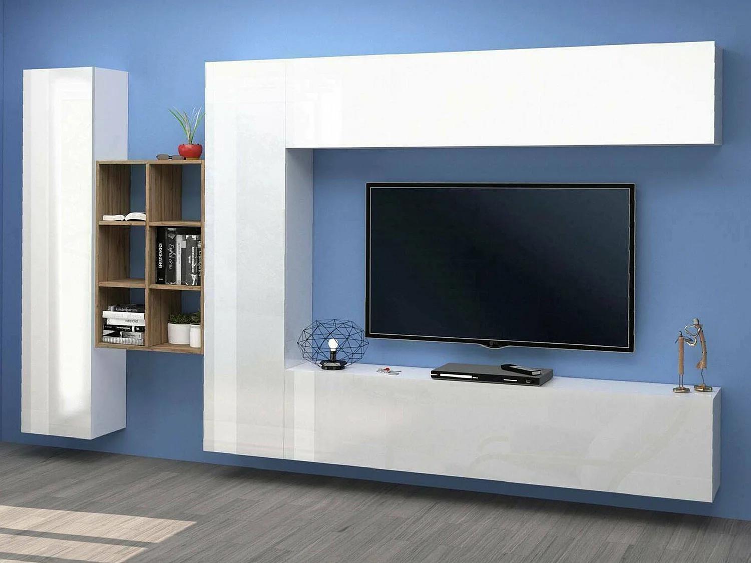 Élément mural Dcaldar, meuble TV 4 portes, Meuble de salon polyvalent, 100% Made in Italy, 280x30h180 cm, Blanc brillant et érable