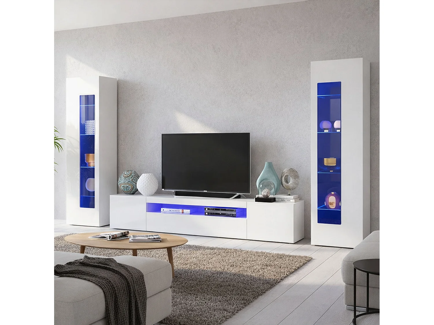Pared Equipada Dcontin, Conjunto de salón con soporte TV, Mueble de salón polivalente, 100% Made in Italy, cm 290x40h162, Blanco brillo