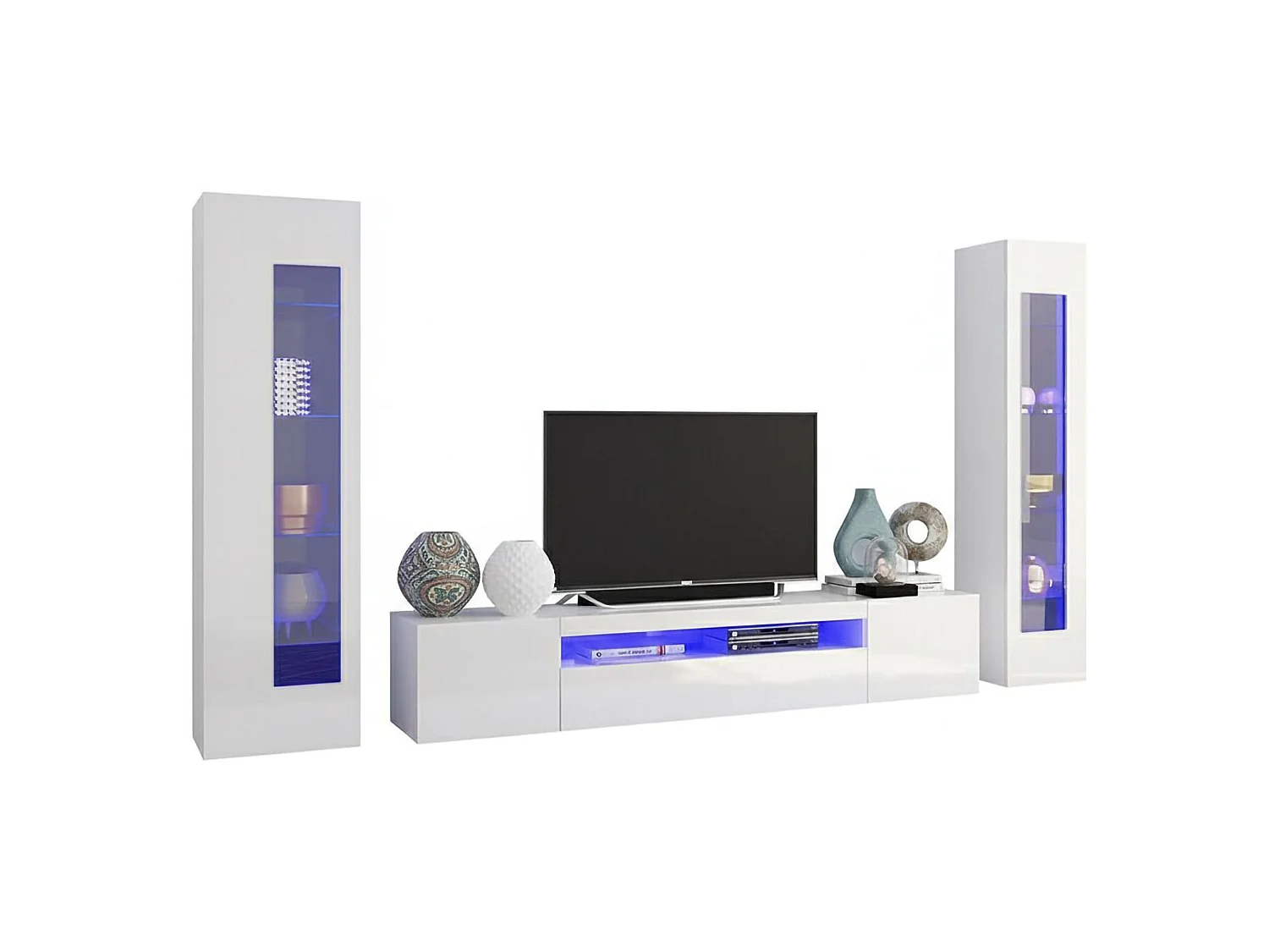 Pared Equipada Dcontin, Conjunto de salón con soporte TV, Mueble de salón polivalente, 100% Made in Italy, cm 290x40h162, Blanco brillo