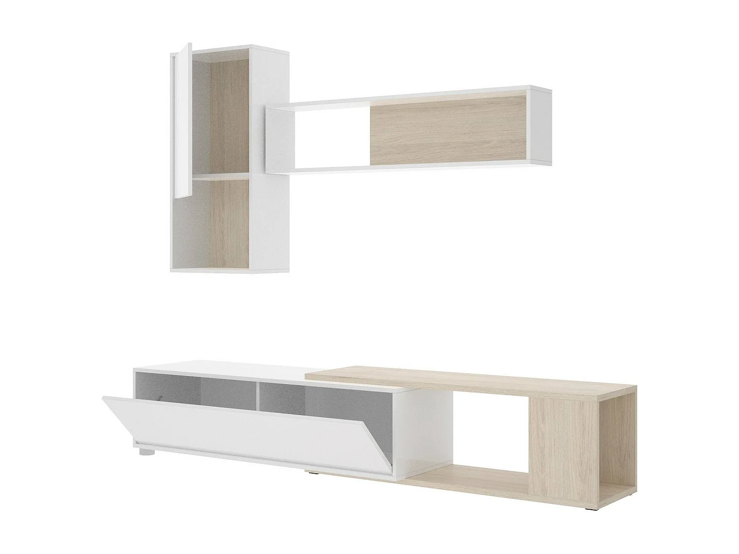 Système mural Dgam, Ensemble de salon d'angle modulable, Meubles de salon multi-positions, 230x41h180 cm, Blanc et Chêne